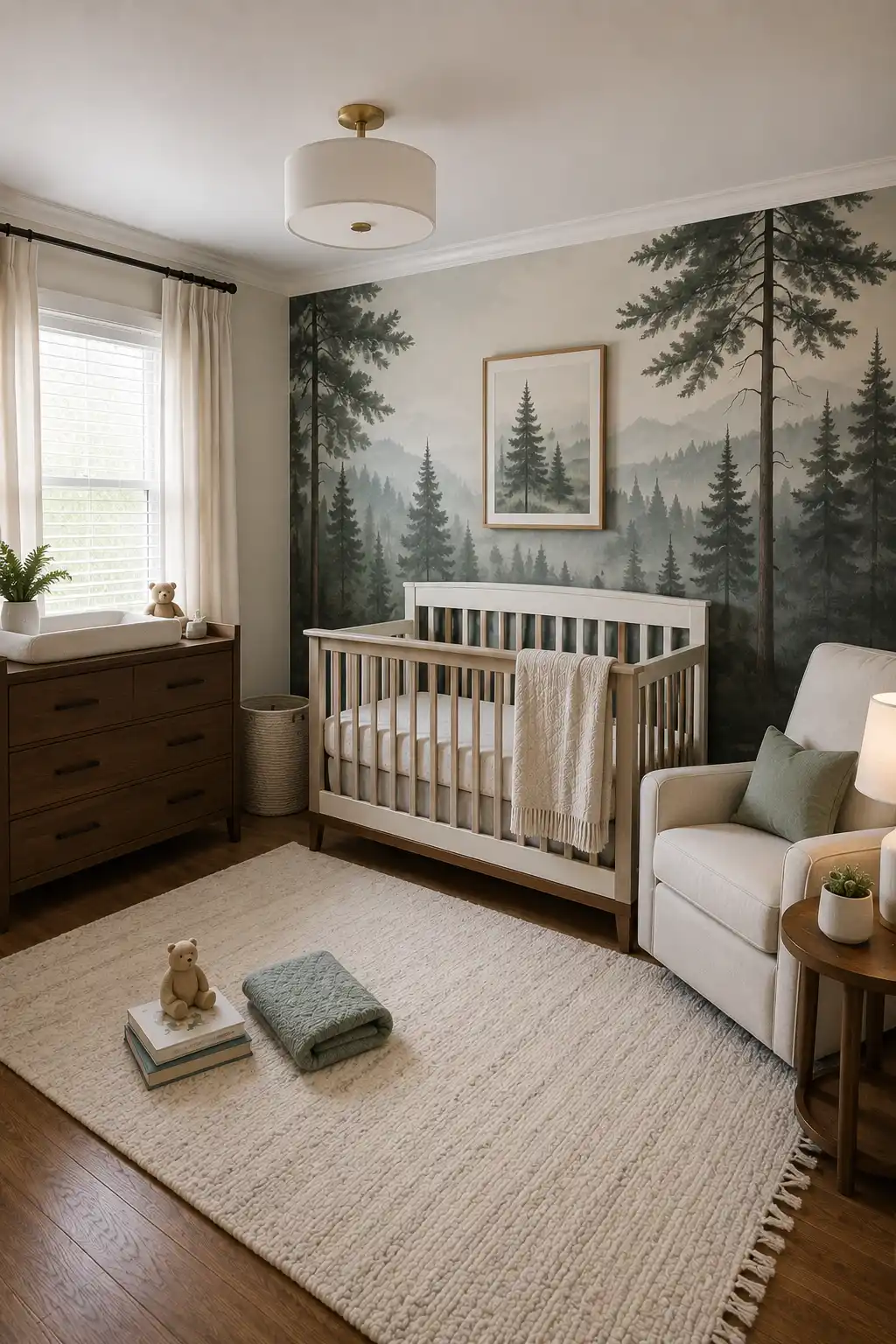 Peaceful baby boy nursery with a floor to ceiling misty forest mural behind a warm white crib, layered evergreen trees in muted green and gray tones, dark wood changing dresser, cream upholstered nursing chair, ivory curtains, soft green cushion, neutral textured rug, warm wood flooring, and understated woodland nursery decor.