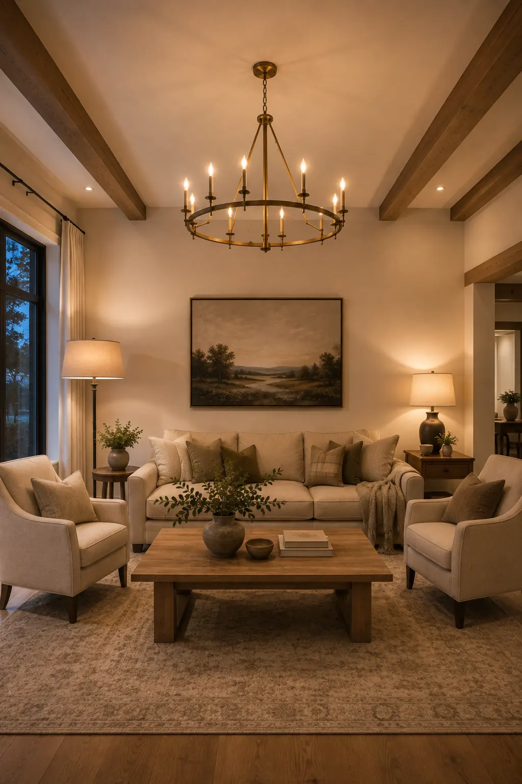 Cozy farmhouse living room at evening featuring a glowing aged brass chandelier, layered floor and table lamps, natural wood ceiling beams, warm cream sofa and accent chairs, oak coffee table, muted olive pillows, neutral area rug, landscape wall art, and soft ambient lighting throughout the space.