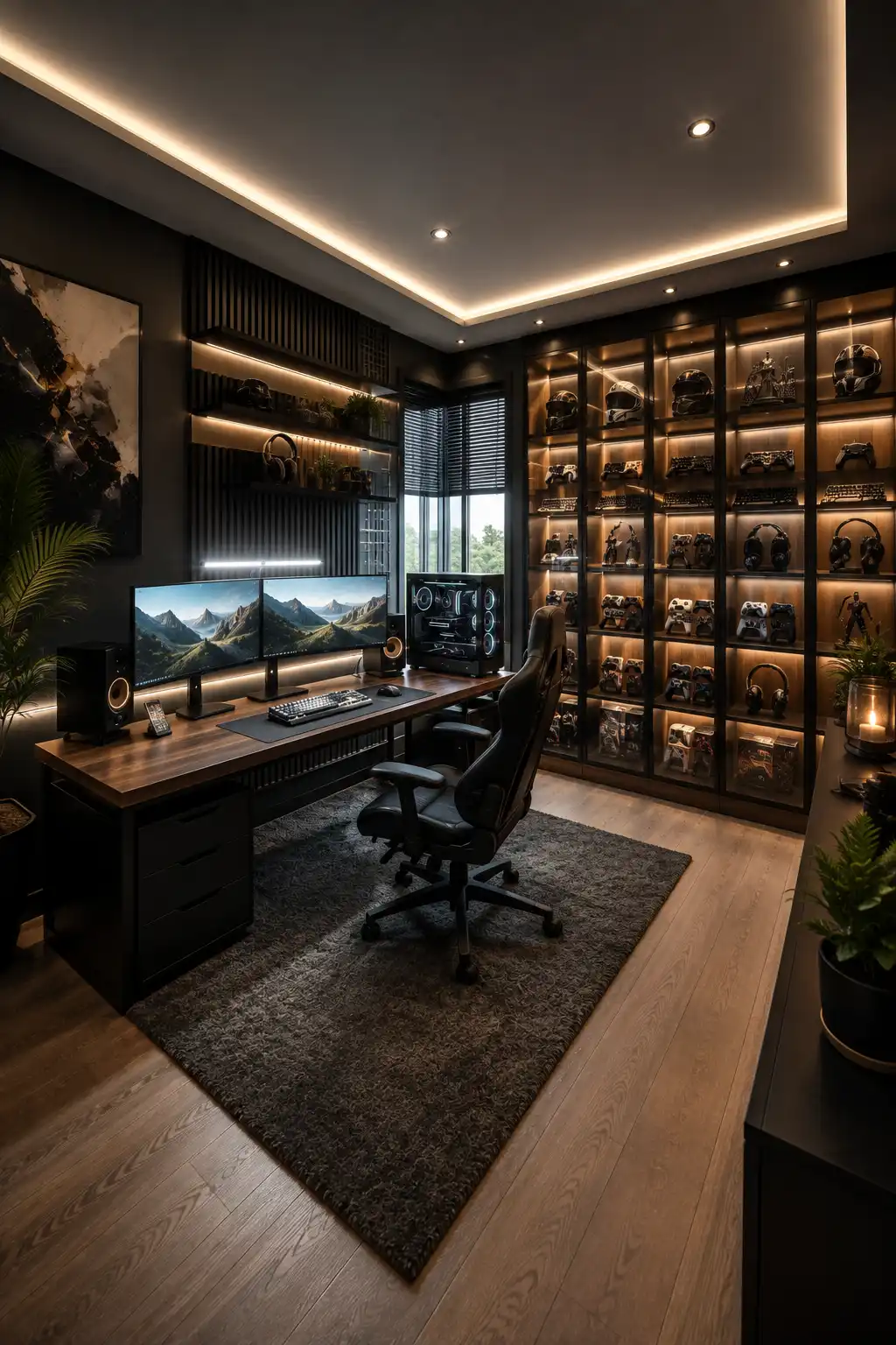 Luxury gaming room featuring a dark walnut gaming desk, dual monitor setup, glass sided gaming PC, black ergonomic chair, floor to ceiling illuminated display cabinets filled with controllers, keyboards, headsets and gaming collectibles, warm ambient lighting, wood flooring, and a dark textured rug.