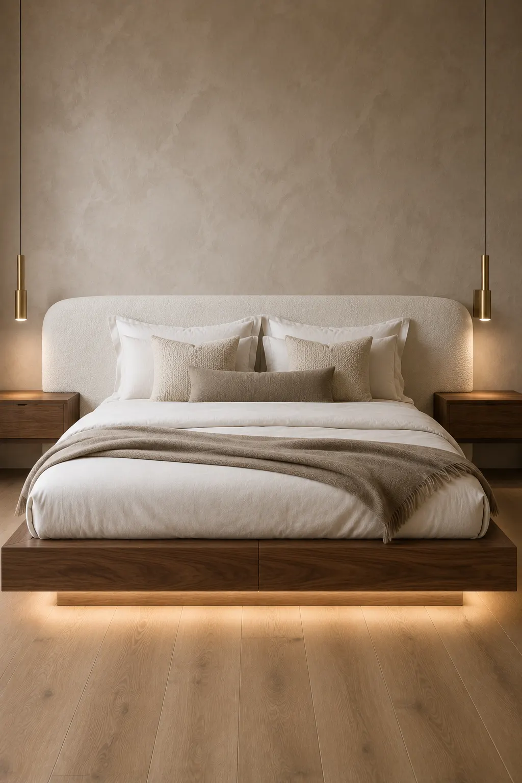 Floating walnut platform bed featuring a thick dark wood base with concealed support, warm under bed lighting, curved ivory upholstered headboard, layered white bedding, beige textured pillows, floating walnut nightstands, and slim brass pendant lights in a refined modern bedroom.