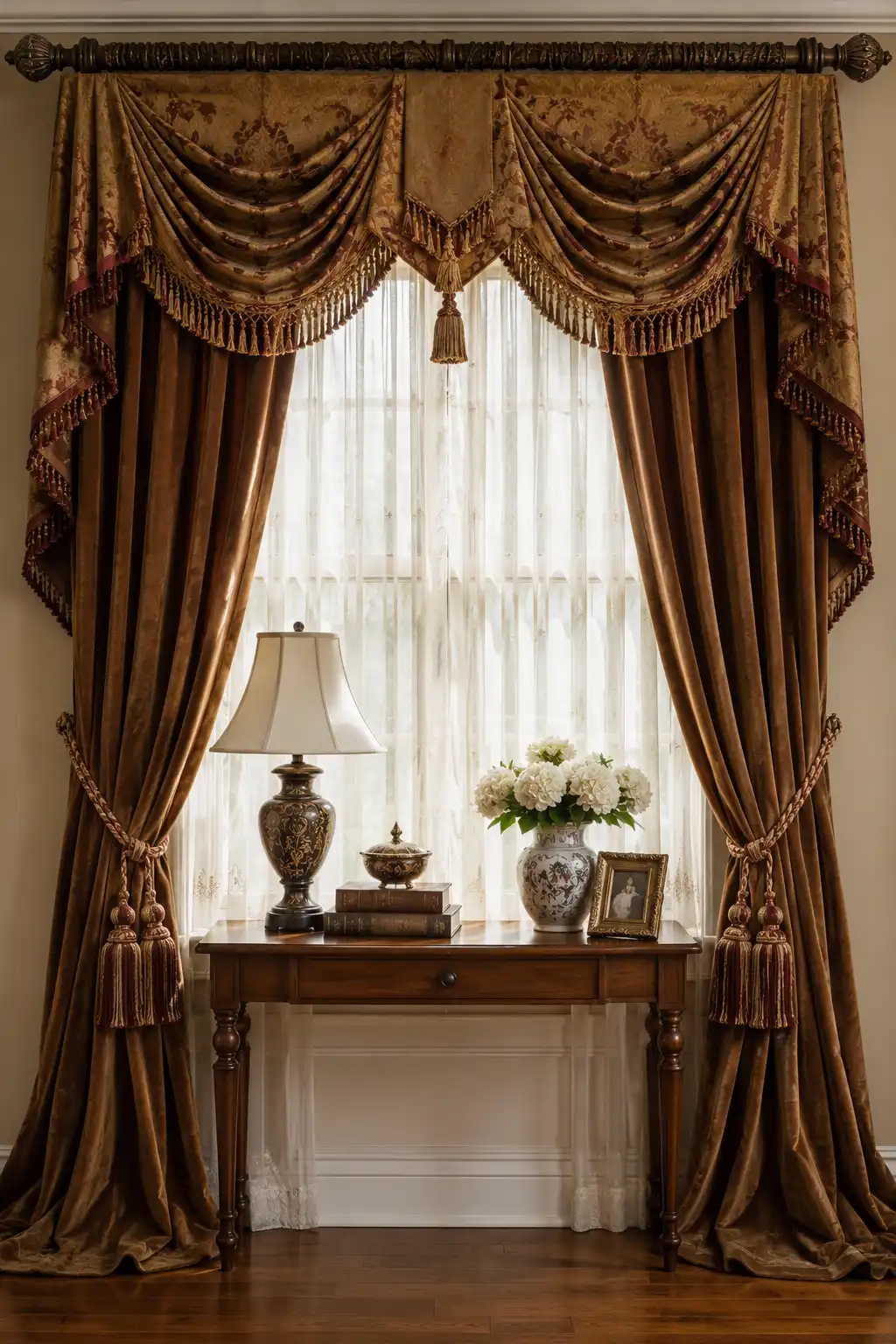 Traditional window covered with heavy brown curtains, elaborate swag valances, decorative fringe, oversized tassel tiebacks, sheer inner panels, and an ornate curtain rod, showing how layered window treatments can overwhelm natural light and make an interior feel dated.