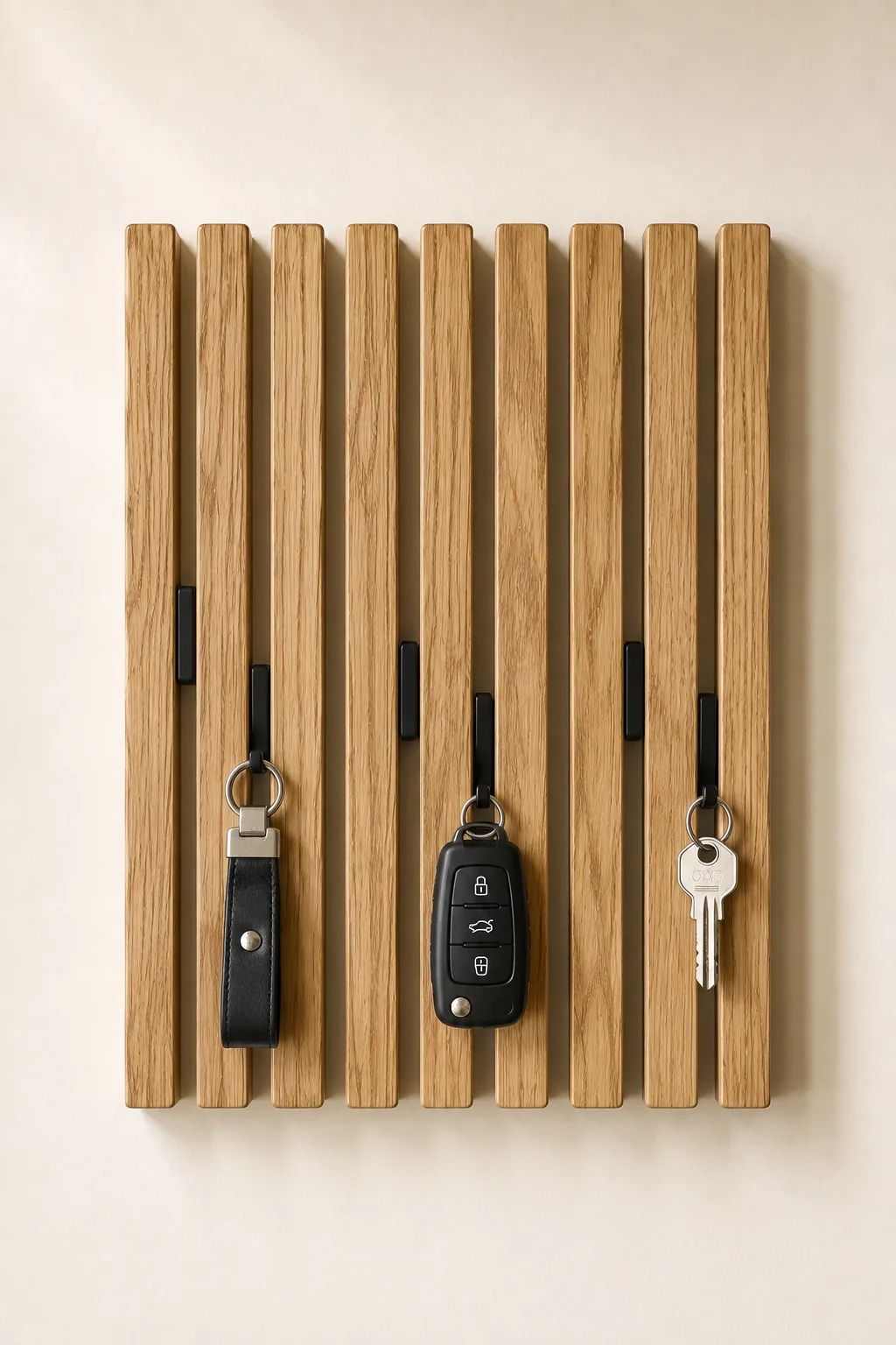 Vertical slat DIY key holder made from warm natural oak with evenly spaced wooden strips, discreet matte black hooks, leather key loop, house keys, and car keys for textured modern entryway wall organization.