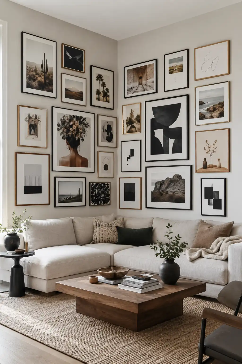 Modern living room featuring a sophisticated corner gallery wall combining black and white photography, landscape images, portraits, and bold abstract artwork in black and natural wood frames above a large neutral sectional sofa.