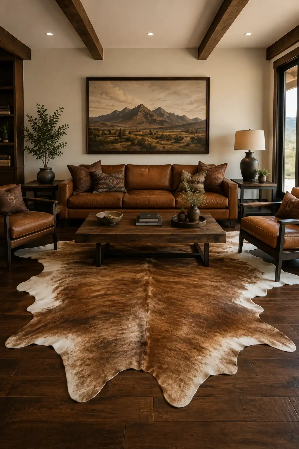 Modern Western living room featuring a large natural cowhide rug with rich brown and cream tones beneath a cognac leather sofa and matching leather lounge chairs, dark wood coffee table, oversized Western mountain artwork, exposed timber ceiling beams, warm cream walls, dark hardwood flooring, and sophisticated ranch-style decor.