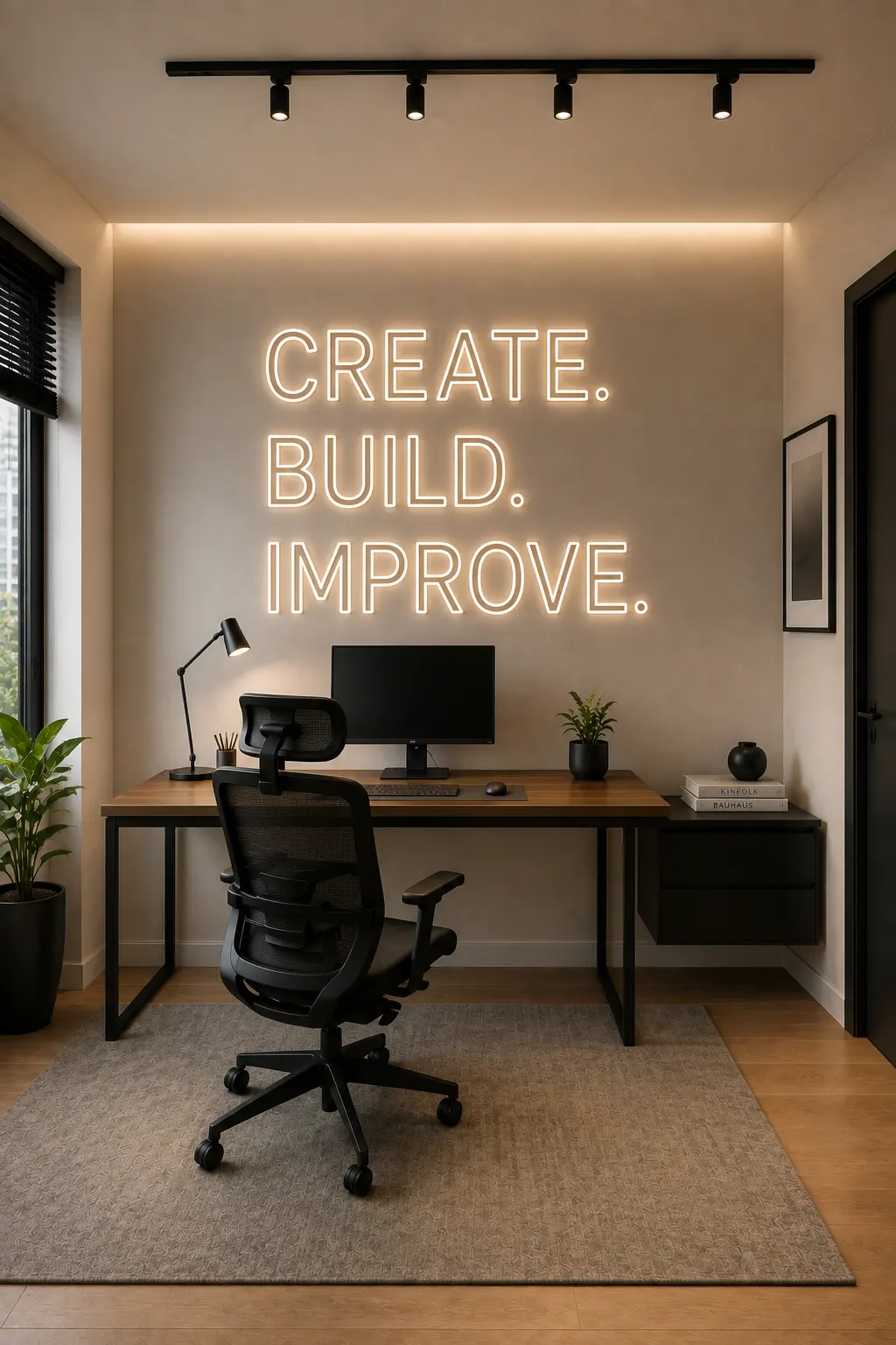 Modern small office featuring a large warm-white LED statement wall displaying the words “CREATE. BUILD. IMPROVE.” in elegant illuminated typography, soft architectural lighting around the feature wall, contemporary walnut desk with black frame, ergonomic black office chair, minimalist monitor setup, small indoor plants, decorative books, neutral rug, warm wood flooring, and premium motivational office decor.