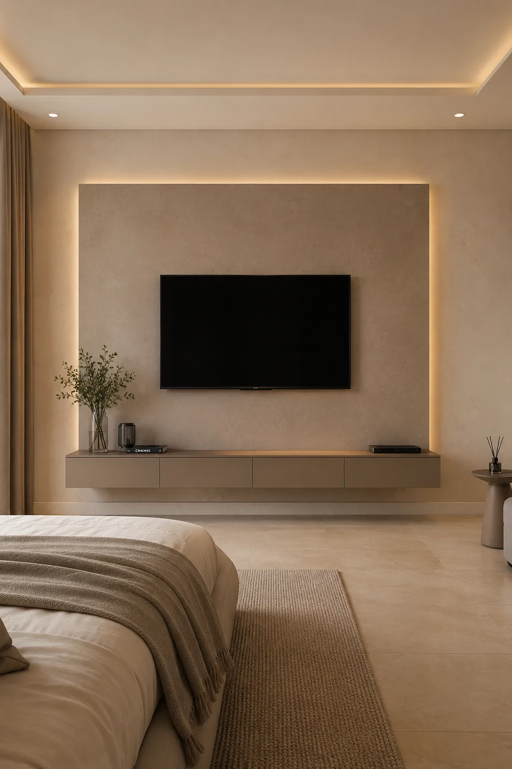 Calm contemporary couples bedroom featuring a large soft beige architectural TV wall panel, centered black flat screen television, minimalist beige floating console, concealed warm LED lighting around the panel, neutral cream bedding, textured beige rug, natural wood flooring, simple glass vase with greenery, and refined modern bedroom styling.