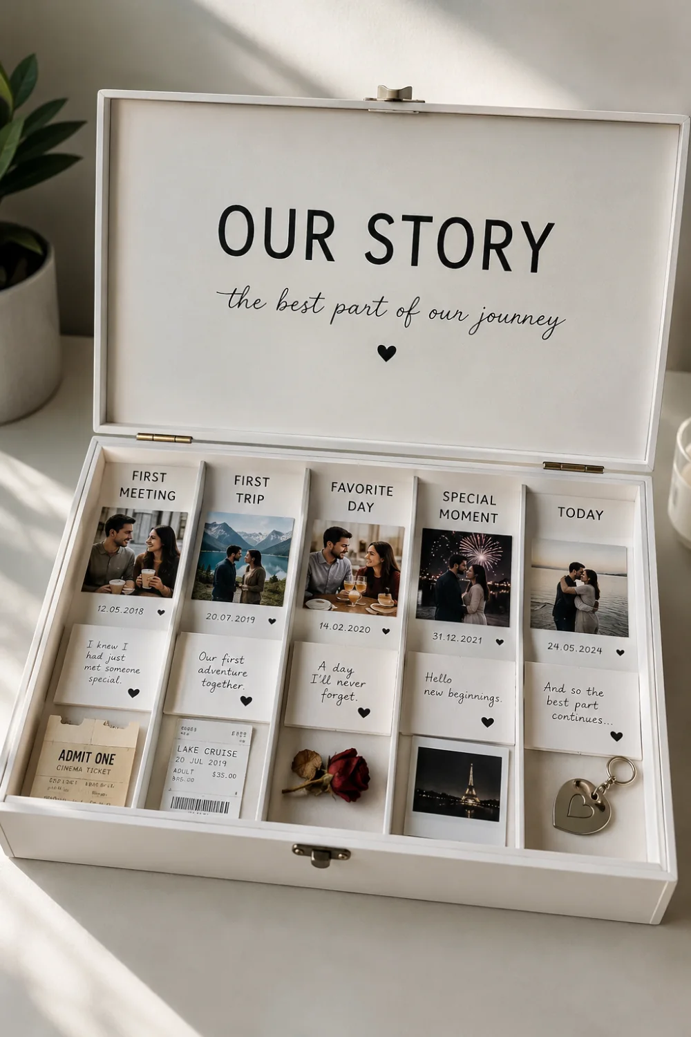 Modern relationship memory box with a personalized Our Story timeline, featuring sections for the first meeting, first trip, favorite day, special moment, and today, with photographs, handwritten notes, dates, tickets, and sentimental keepsakes