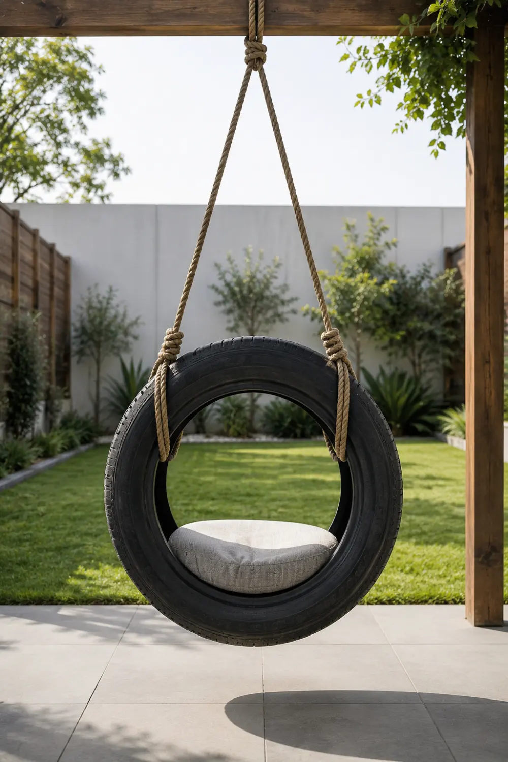 Black recycled old tire hanging swing suspended with strong natural rope from a wooden outdoor frame, featuring a round cream cushion and a modern landscaped backyard with green lawn