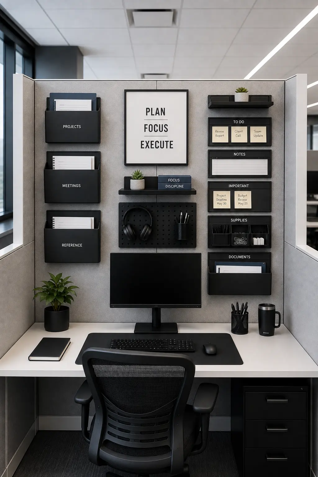 Modern vertical cubicle organization system featuring multiple labeled document pockets, wall-mounted storage compartments, small shelves, compact pegboard, headphones holder, stationery organizer, motivational typography print, and neatly arranged office supplies. The full workstation includes a large computer monitor, clean white desk, black ergonomic chair, small indoor plant, notebook, keyboard, mouse, and storage drawers. The entire cubicle is shown from a centered front-facing perspective with a coordinated black, gray, and white palette designed for a clean, organized, clutter-free, and productive workspace.