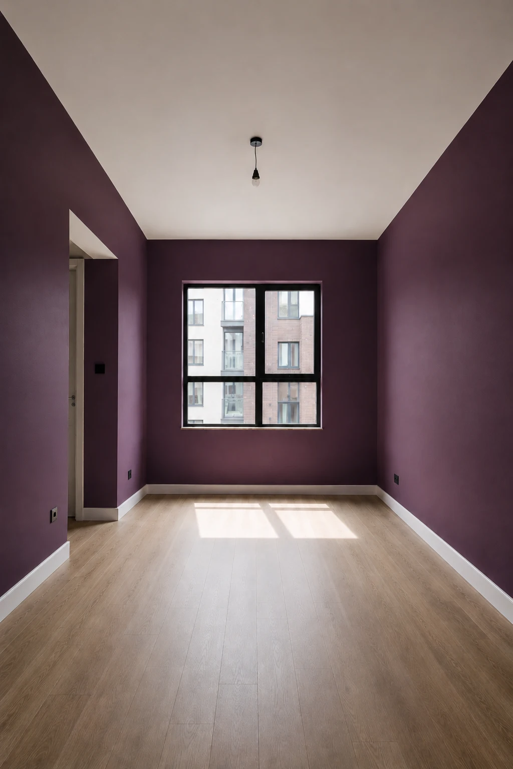 Empty modern bedroom painted in a luxurious deep plum shade across all four walls, featuring a soft white ceiling, light wood flooring, large central window, simple architectural doorway, crisp white baseboards, realistic matte paint texture, natural daylight, and a rich moody atmosphere designed to highlight sophisticated deep plum bedroom walls.