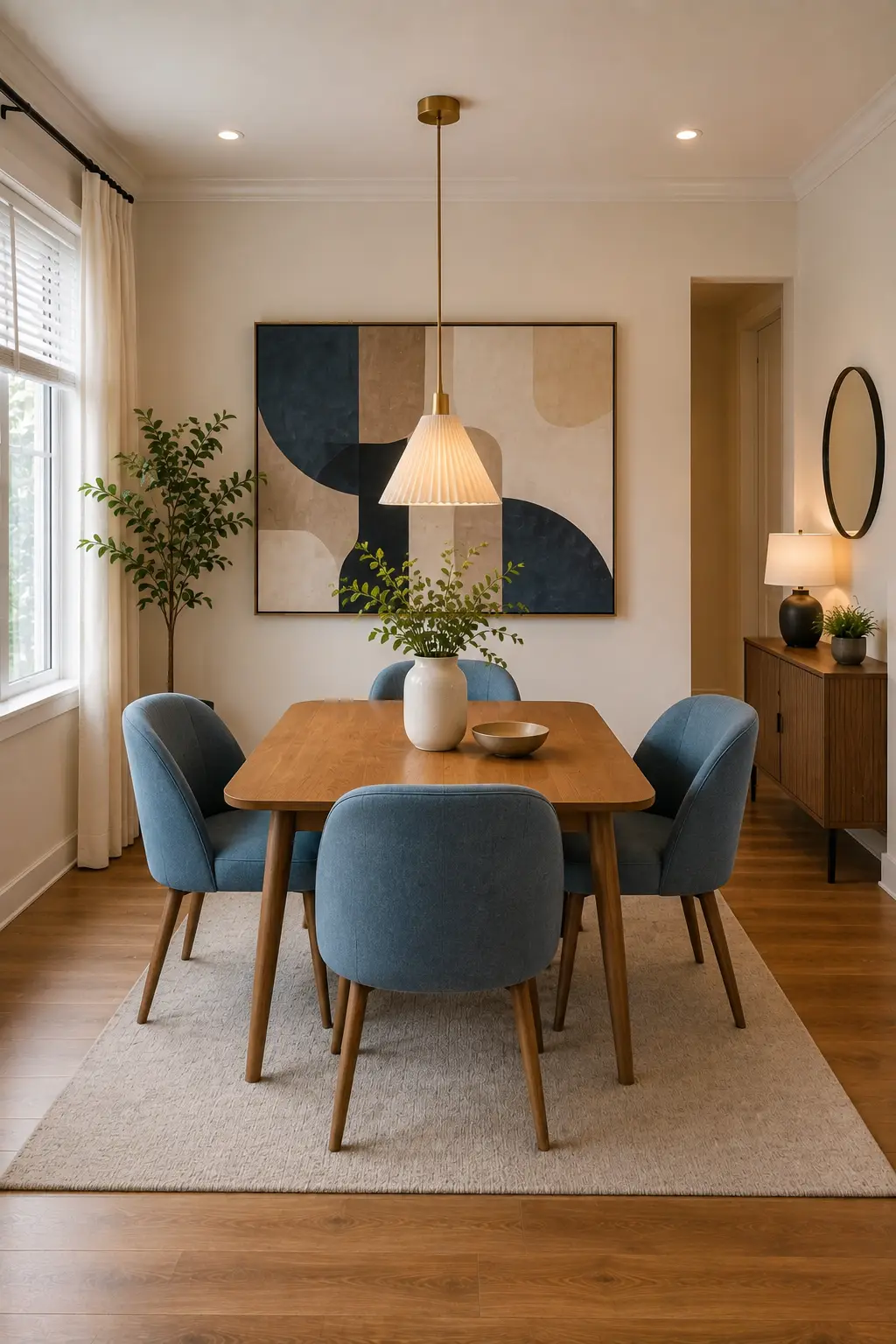 Sophisticated small dining room featuring a warm natural wood rectangular dining table, four soft blue upholstered dining chairs with rounded backs, large contemporary abstract artwork in blue, cream, black, and beige, textured neutral area rug, pleated white pendant light, tall window with natural daylight, warm wood flooring, cream walls, console table, round mirror, and modern decorative accents.