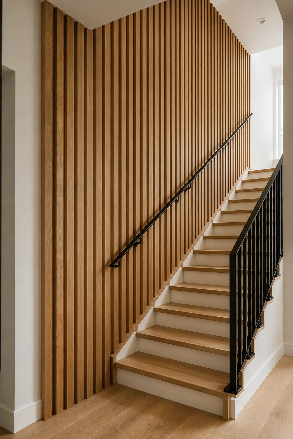 Modern staircase paneling featuring wide floor to ceiling natural oak slats along a narrow stairwell, visible warm wood grain, matching oak stair treads, white risers, a black wall mounted handrail, and slim black metal railing for a clean contemporary architectural look.