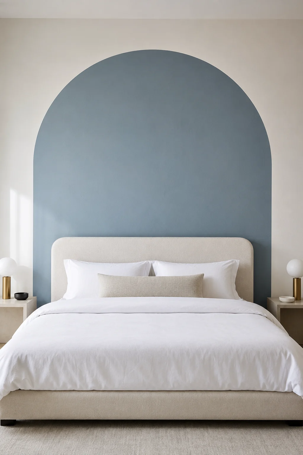 Contemporary DIY painted arch headboard featuring a large oversized dusty blue arch painted directly onto a warm off-white bedroom wall behind a modern upholstered bed. The architectural painted shape begins wider than the mattress and rises into a smooth rounded arch that extends high above the bed, creating a dramatic yet simple focal point. The bed has a soft cream upholstered frame with rounded corners, crisp white bedding, neutral pillows, and a textured beige lumbar cushion. Minimal white bedside tables hold elegant gold and white spherical lamps, while soft daylight illuminates the painted wall and neutral flooring. The entire painted arch is captured from a straight-on front-facing angle with the complete curved outline clearly visible.