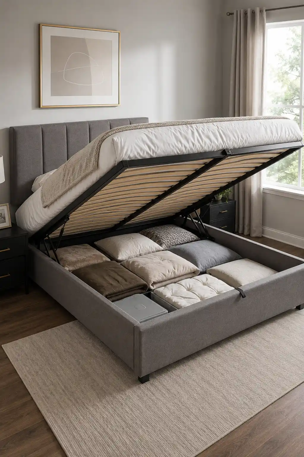 Modern bedroom featuring a hydraulic lift-up bed with the entire mattress platform raised to reveal a large organized storage compartment underneath. The hidden space is divided into practical zones containing pillows, folded blankets, seasonal bedding, and storage boxes, providing an efficient solution for maximizing small bedroom storage.