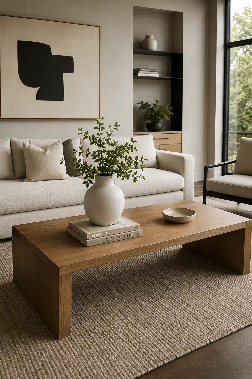 Large natural walnut rectangular coffee table styled with a substantial rounded cream ceramic vase filled with fresh green branches, layered neutral coffee table books beneath the vase, and a low beige ceramic bowl in a refined modern living room with cream seating, neutral textured rug, contemporary artwork, and natural daylight.