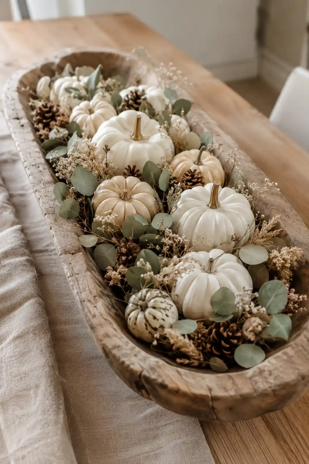 Long weathered wooden dough bowl filled with layered white, ivory, and lightly speckled pumpkins in multiple sizes, surrounded by soft eucalyptus leaves, delicate dried flowers, natural pinecones, wispy botanical stems, and muted greenery on a light wood dining table for an elegant neutral fall centerpiece.