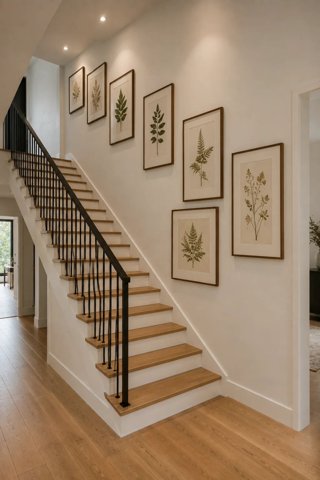 Elegant staircase gallery wall decorated with a collection of framed botanical leaf and fern illustrations in warm natural wood frames. The botanical artwork follows the upward movement of the staircase against a soft ivory wall, complemented by natural oak stair treads, a slim black railing, warm recessed lighting, and a refined contemporary neutral interior.