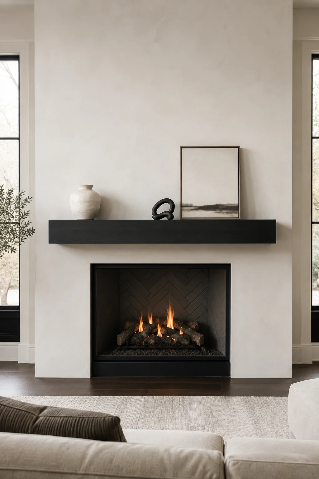 Modern fireplace wall with a long matte black floating mantel contrasting sharply against a warm white contemporary wall. The mantel is styled with a large cream ceramic vase, a small black sculptural accent, and a narrow neutral framed artwork arranged in an asymmetrical composition. Below, the fireplace features a deep black firebox with a subtle herringbone interior and glowing natural fire, while large black framed windows, cream seating, and neutral flooring create a sophisticated contemporary living room.