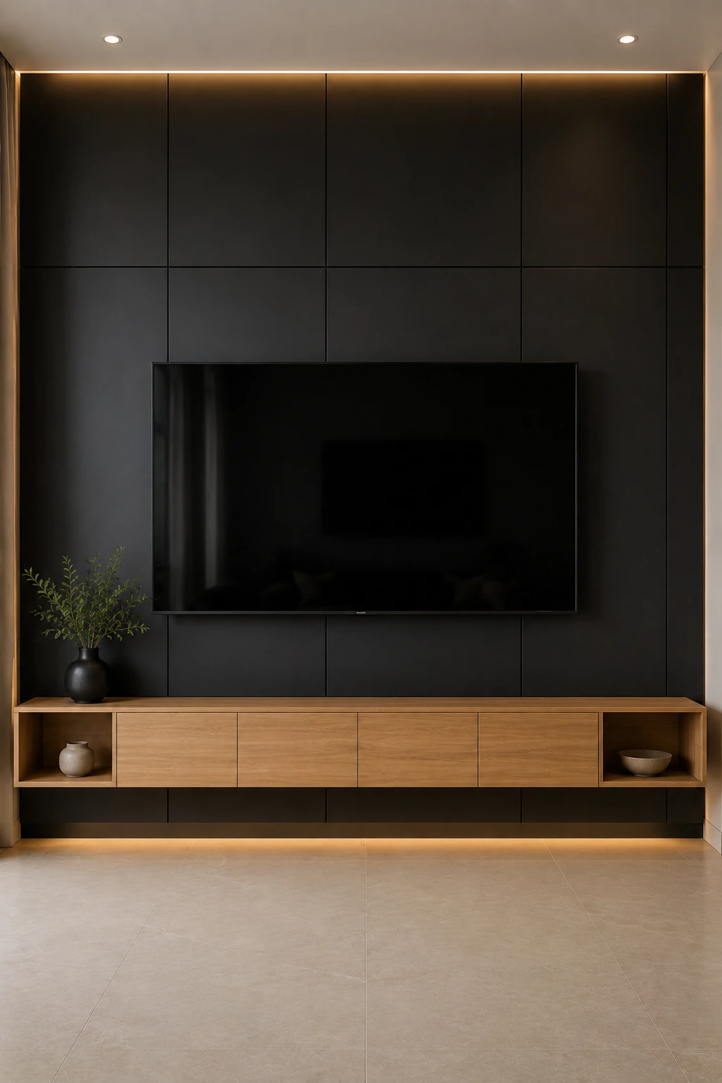 Dramatic contemporary living room TV wall featuring a large black flat screen television against a deep charcoal architectural panel wall with clean rectangular divisions, long warm natural oak floating media console with open side compartments, subtle warm LED lighting around the wall edges, realistic oak grain, matte charcoal finish, understated ceramic accessories, and refined modern interior styling.