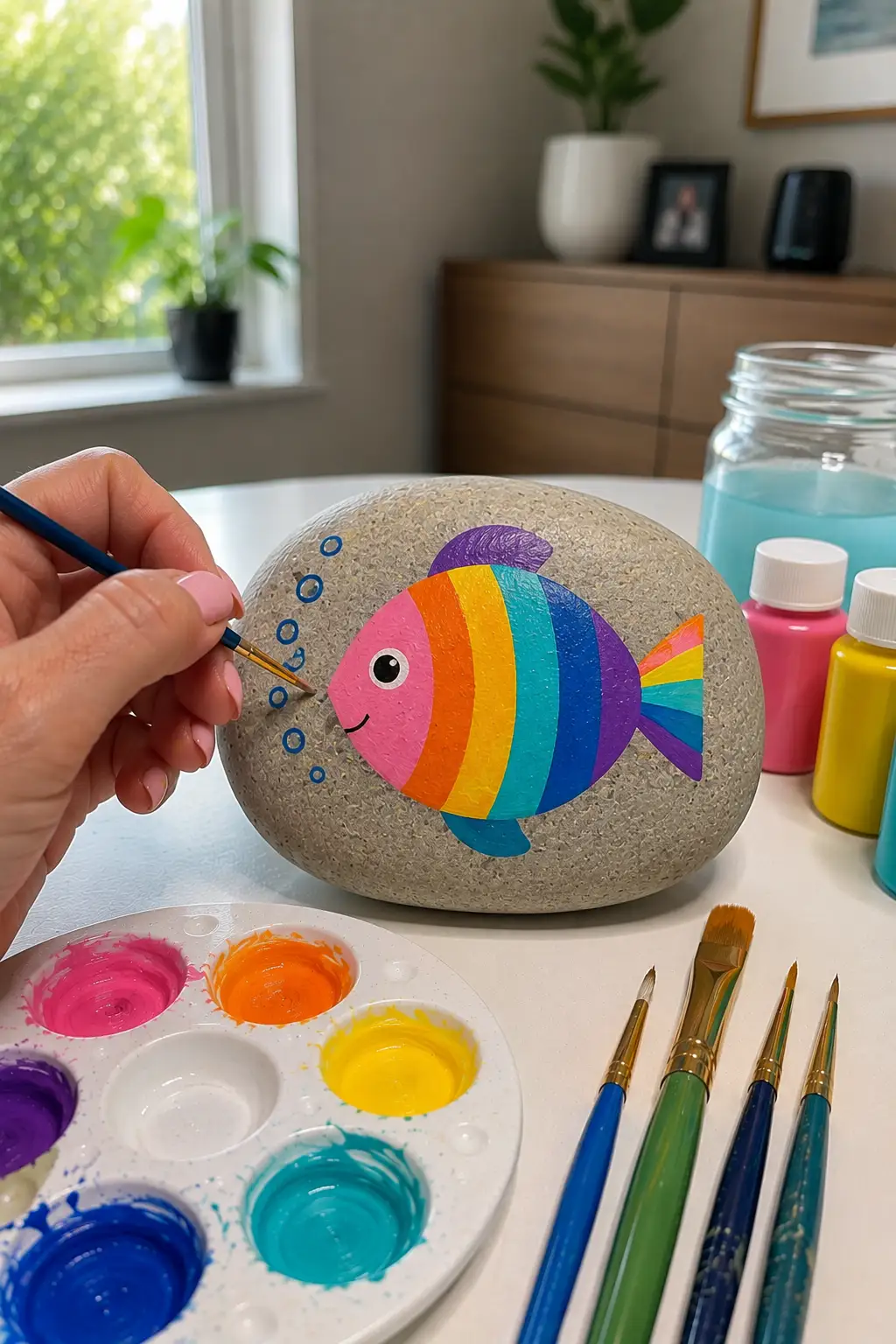 Rainbow fish rock painting featuring a cheerful fish with bright pink, orange, yellow, turquoise, blue, and purple stripes, a friendly black eye, curved smile, colorful tail, fins, and small blue bubbles painted across a smooth stone while a hand works with a fine brush beside colorful acrylic paints.