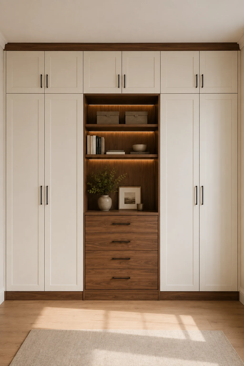 Warm and sophisticated IKEA wardrobe featuring cream paneled cabinet doors, a contrasting natural walnut wood center section, illuminated open display shelves, stacked wood drawers, decorative books, handbags, storage boxes, a small plant, dark cabinet handles, matching wood trim, warm ambient lighting, natural flooring, and a neutral rug for a custom luxury closet look.