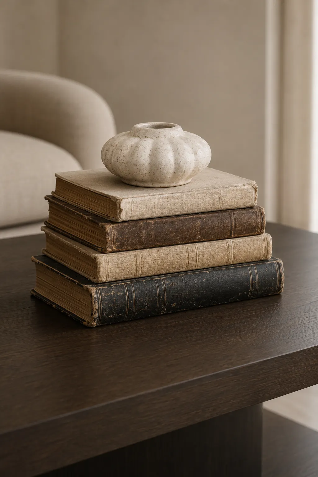 Stack of aged antique books in cream, brown, and charcoal tones arranged on a dark modern coffee table with a small sculptural ceramic vase on top, creating a refined layered display in a contemporary living room.