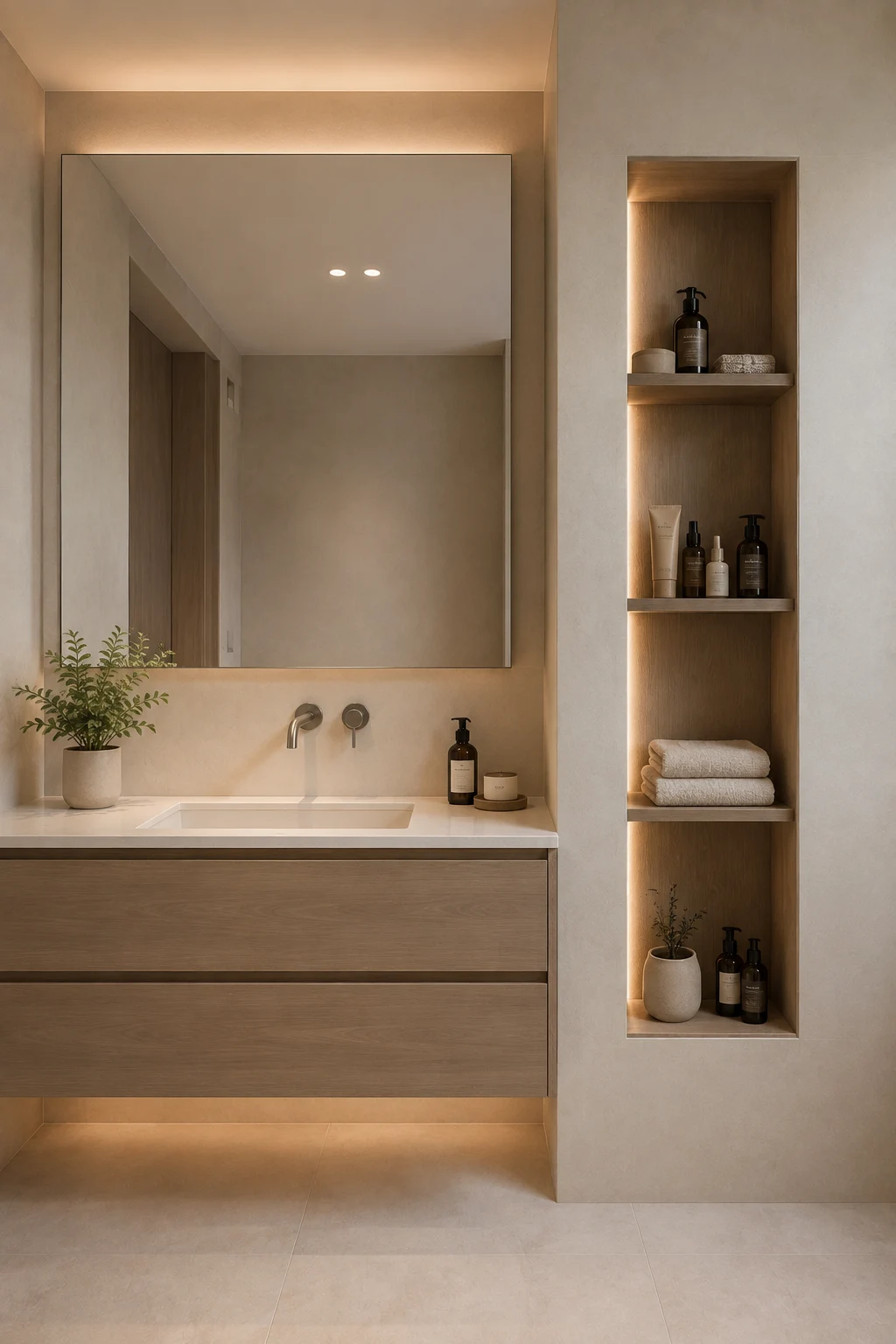 Modern recessed bathroom storage featuring a tall built in wall niche beside a floating wood vanity, with illuminated shelves displaying folded towels, skincare bottles, toiletries, soap, and everyday bathroom essentials without taking up floor space.