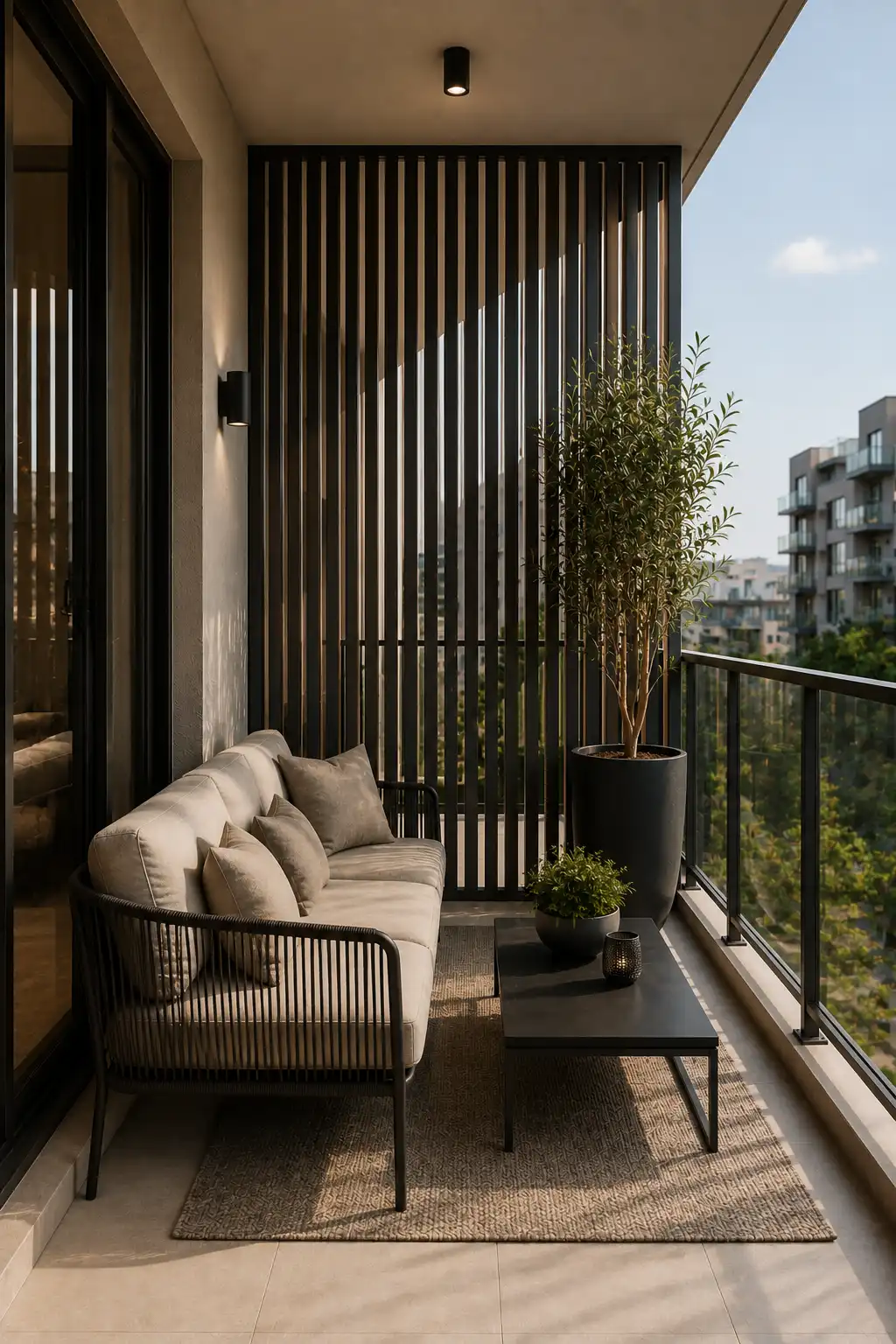Narrow modern apartment balcony featuring a slim charcoal outdoor sofa placed along the wall to preserve walking space. A warm wood rectangular coffee table, dark planters, neutral textured outdoor rug, vertical privacy screen, and glass railing create a functional contemporary balcony lounge that feels comfortable without appearing crowded.