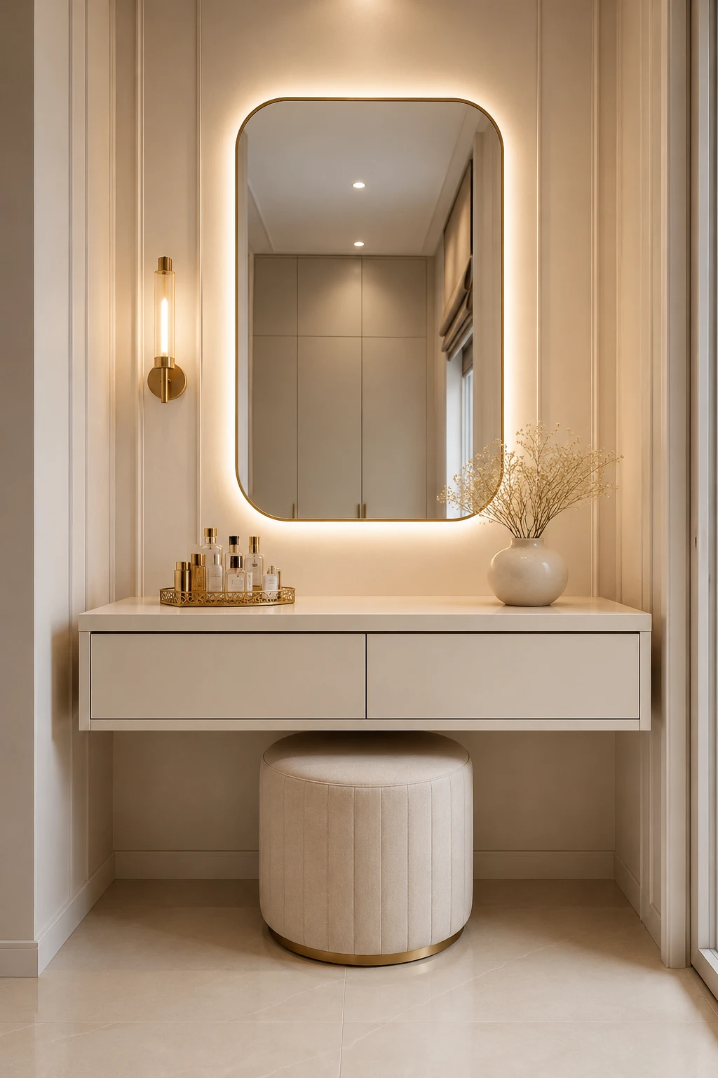 Sophisticated modern vanity featuring a large rounded rectangular mirror with warm backlighting, delicate champagne gold edging, soft beige wall panel molding framing the vanity area, a streamlined floating cream vanity with two wide handleless drawers, a cylindrical cream upholstered stool with subtle vertical texture and a champagne gold base, an elegant gold perfume tray with glass bottles, a rounded white ceramic vase filled with delicate dried branches, warm wall lighting, neutral beige flooring, and a polished contemporary vanity aesthetic with a bright, warm, and spacious appearance.