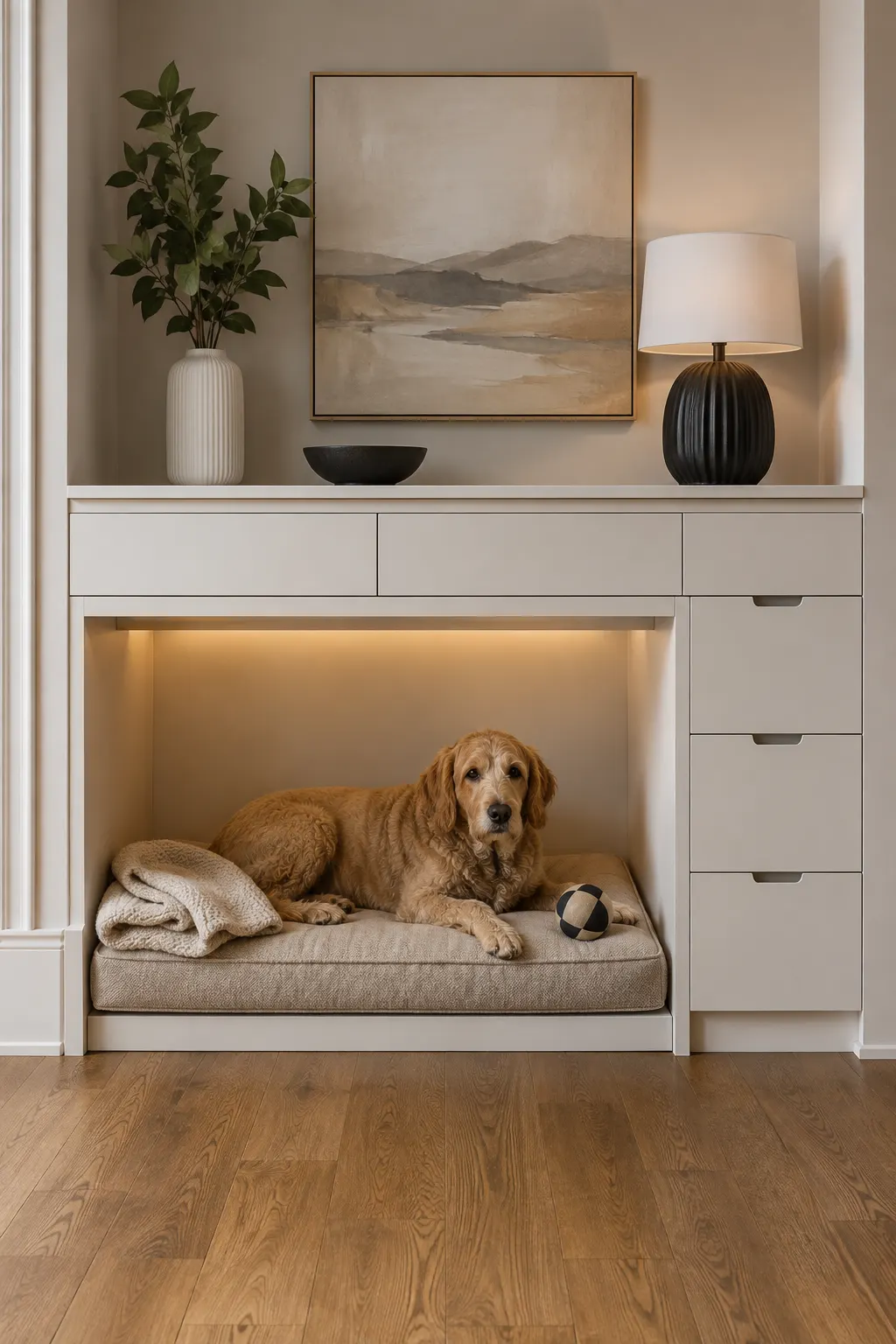Modern dog retreat built into the lower section of a large cream console cabinet, featuring a wide recessed sleeping nook with a plush neutral dog cushion, warm integrated lighting, a golden retriever resting comfortably, closed drawers for pet storage, open decorative shelving, framed artwork, table lamp, ceramic decor, and contemporary living room styling.