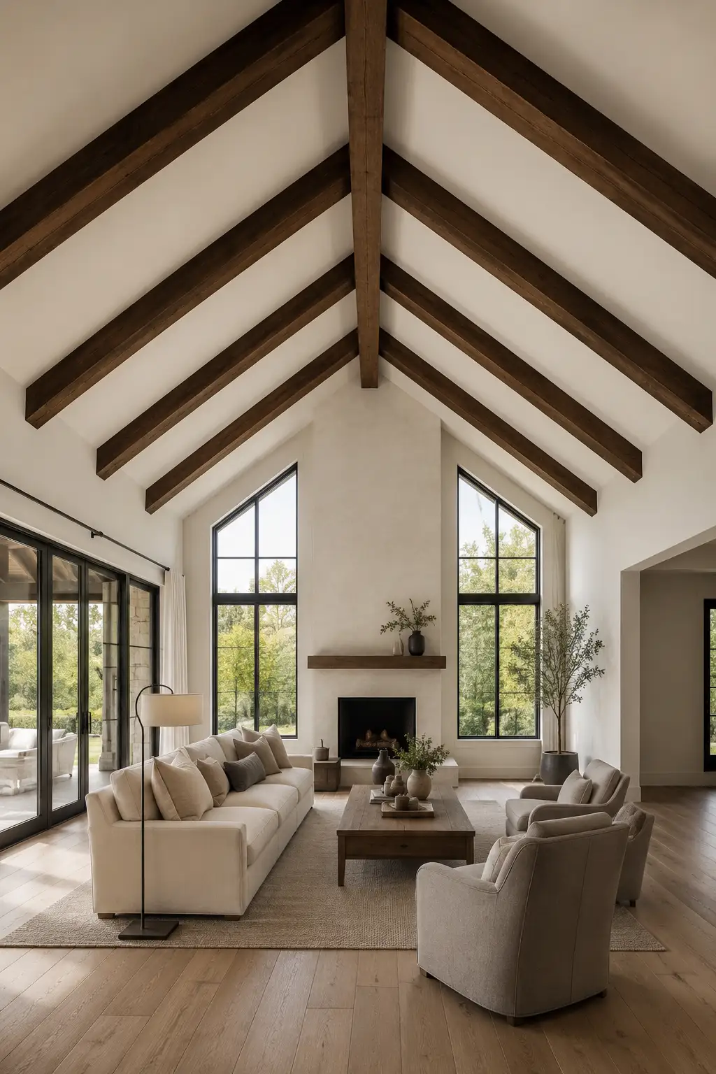Sophisticated modern rustic living room with dark wood ceiling beams creating bold contrast against a bright white vaulted ceiling, complemented by a central ridge beam, tall black framed windows, cream sofa, neutral armchairs, simple fireplace, and warm oak floors.