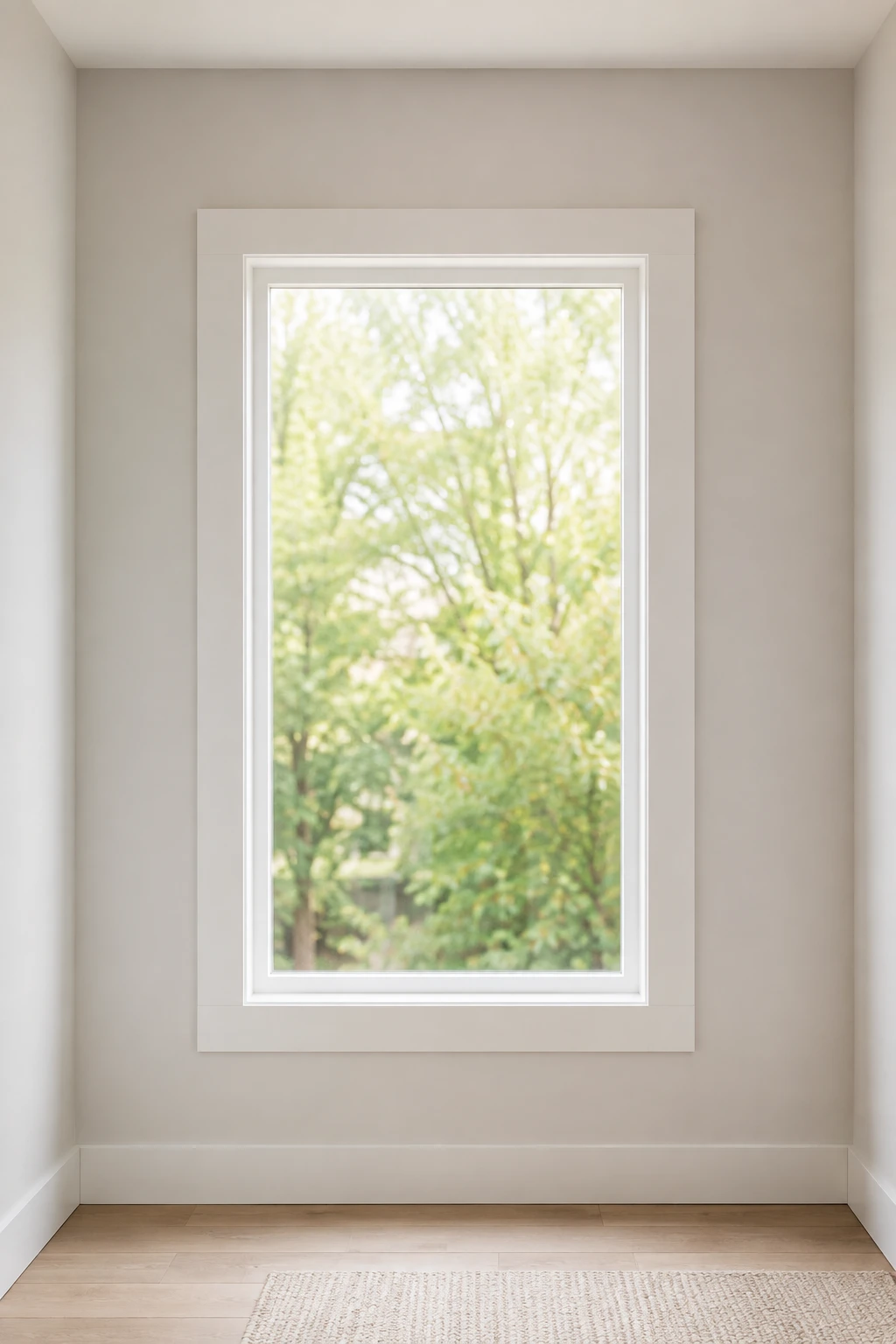 Tonal window trim featuring broad flat casing in a soft warm neutral shade that closely matches the surrounding wall. Subtle differences in depth and finish create gentle definition around the tall window, resulting in a seamless window trim design with a calm and sophisticated interior look.