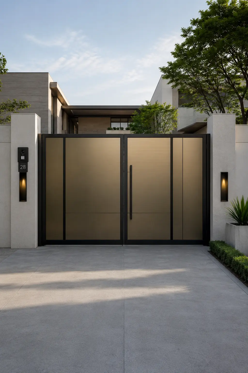 Modern entrance gate design featuring large champagne bronze metal panels framed with slim matte black borders, an integrated pedestrian entrance, long minimalist black handle, warm recessed wall lights, pale concrete pillars, subtle greenery, and clean driveway paving for an elegant high end home exterior.