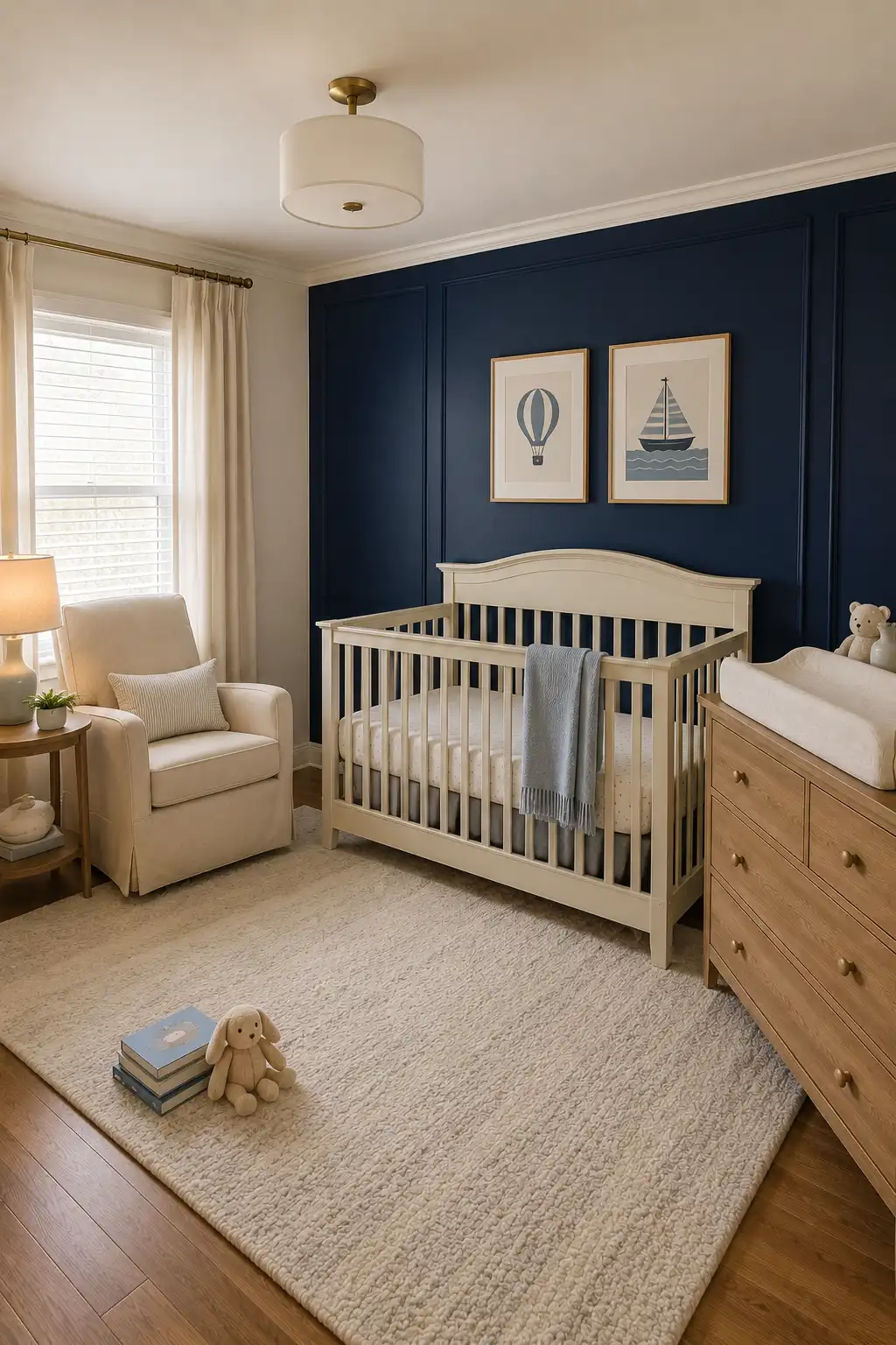 Classic baby boy nursery with deep navy paneled walls, warm white crib, natural wood changing dresser, cream nursing chair, framed sailboat and hot air balloon artwork, soft blue crib blanket, ivory floor length curtains, textured cream area rug, brass details, and warm wood flooring creating a refined coastal inspired nursery.