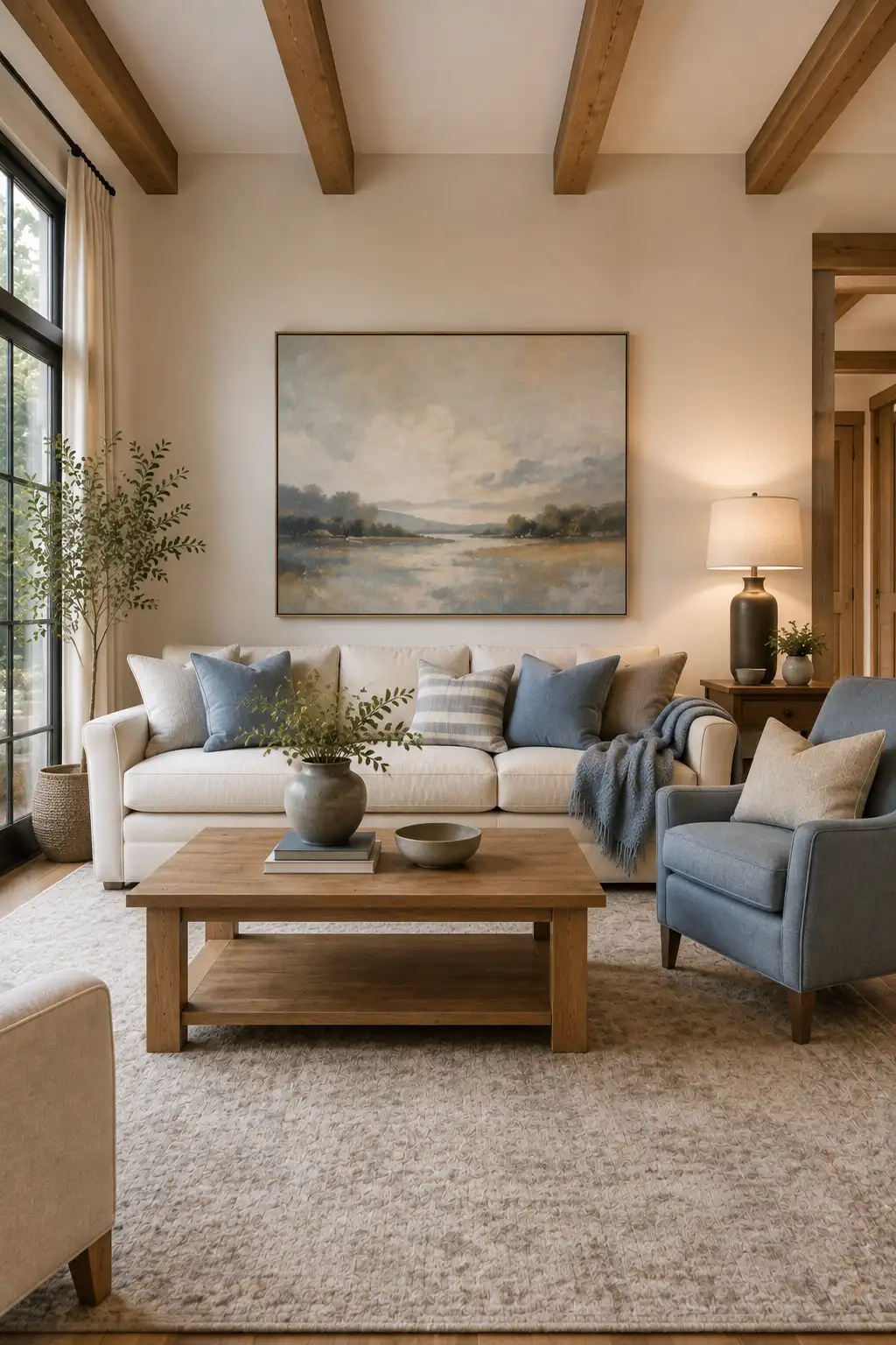 Fresh farmhouse living room featuring a warm cream sofa styled with muted dusty blue and slate blue pillows, matching blue accent chair and throw, natural oak coffee table, exposed wood ceiling beams, soft neutral patterned rug, oversized landscape artwork, greenery, and warm table lighting.