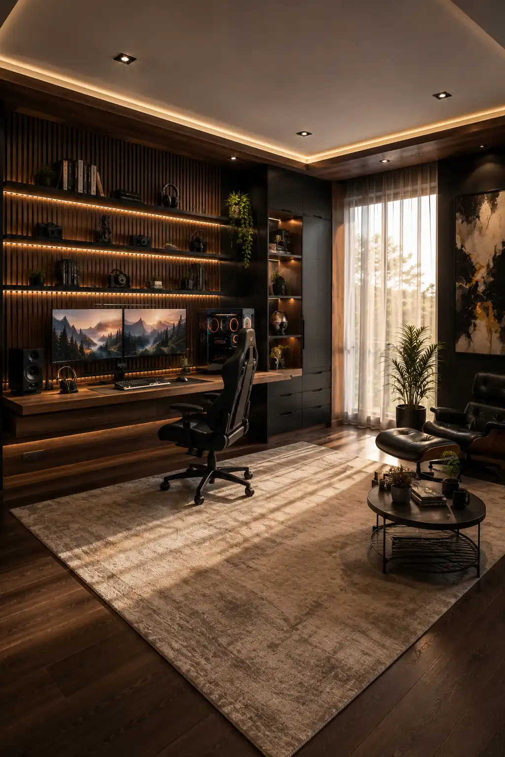 Modern walnut gaming room featuring a dual monitor workstation, long built in wood desk, black ergonomic gaming chair, slatted walnut feature wall, warm illuminated shelves, integrated storage cabinets, large neutral rug, leather lounge chair, coffee table, plants, and floor to ceiling windows.