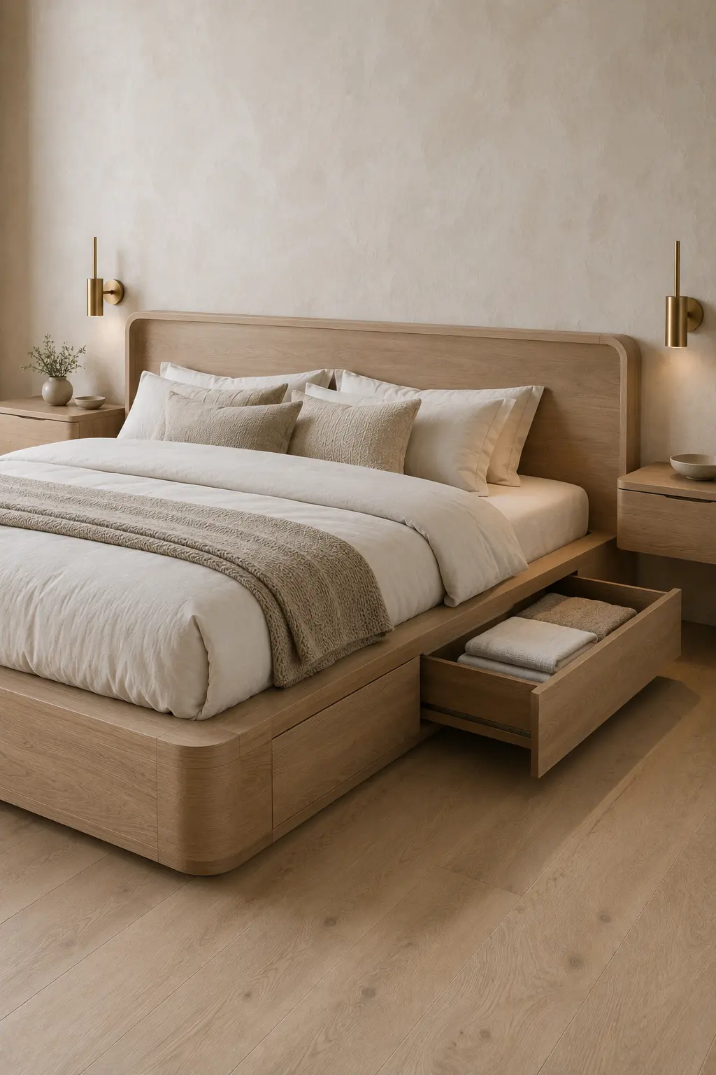 Modern storage platform bed crafted from light natural wood with integrated pull out drawers, softly rounded corners, wide matching wood headboard, crisp white bedding, textured beige throw, floating bedside cabinets, and brass wall lights in a warm contemporary bedroom.