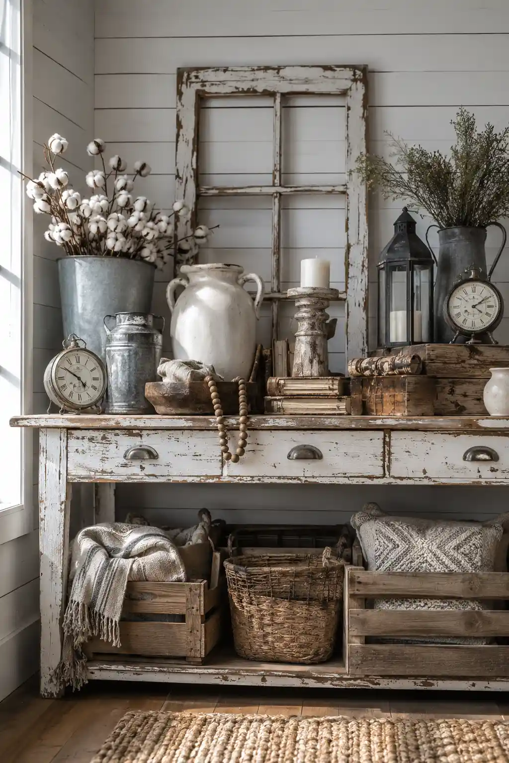Overdone farmhouse decor featuring distressed white furniture, shiplap walls, galvanized metal containers, cotton stems, rustic lanterns, vintage clocks, weathered window frames, old books, woven baskets, wooden crates, and distressed accessories creating an overly themed farmhouse interior.