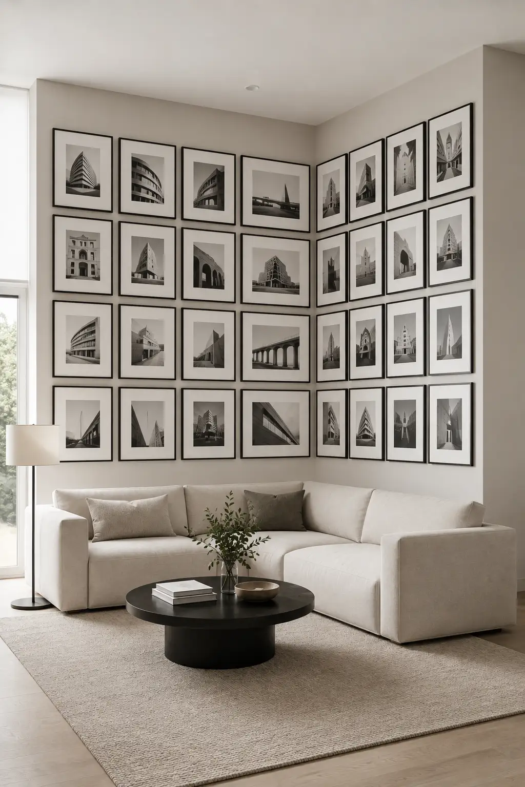 Contemporary living room with a precise corner gallery wall arranged in a clean grid of matching black frames featuring monochrome architectural photography of buildings, bridges, interiors, and modern structures above a white sectional.