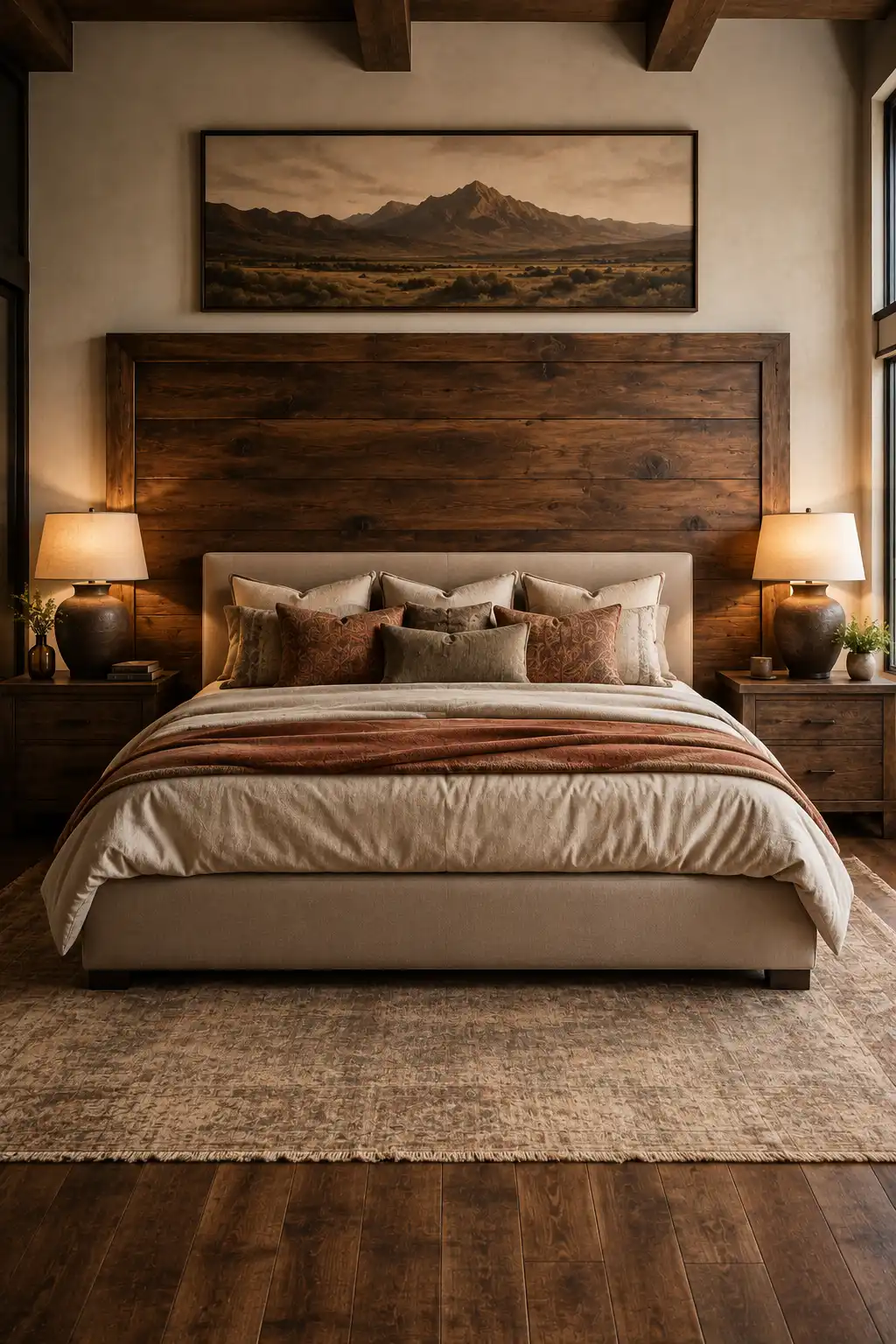 Luxury Western bedroom featuring an oversized natural wood statement headboard made from rich dark timber, upholstered bed with layered cream and beige bedding, rust and brown decorative pillows, matching wooden nightstands, warm ceramic table lamps, framed Western mountain artwork, textured neutral rug, and polished ranch bedroom decor.