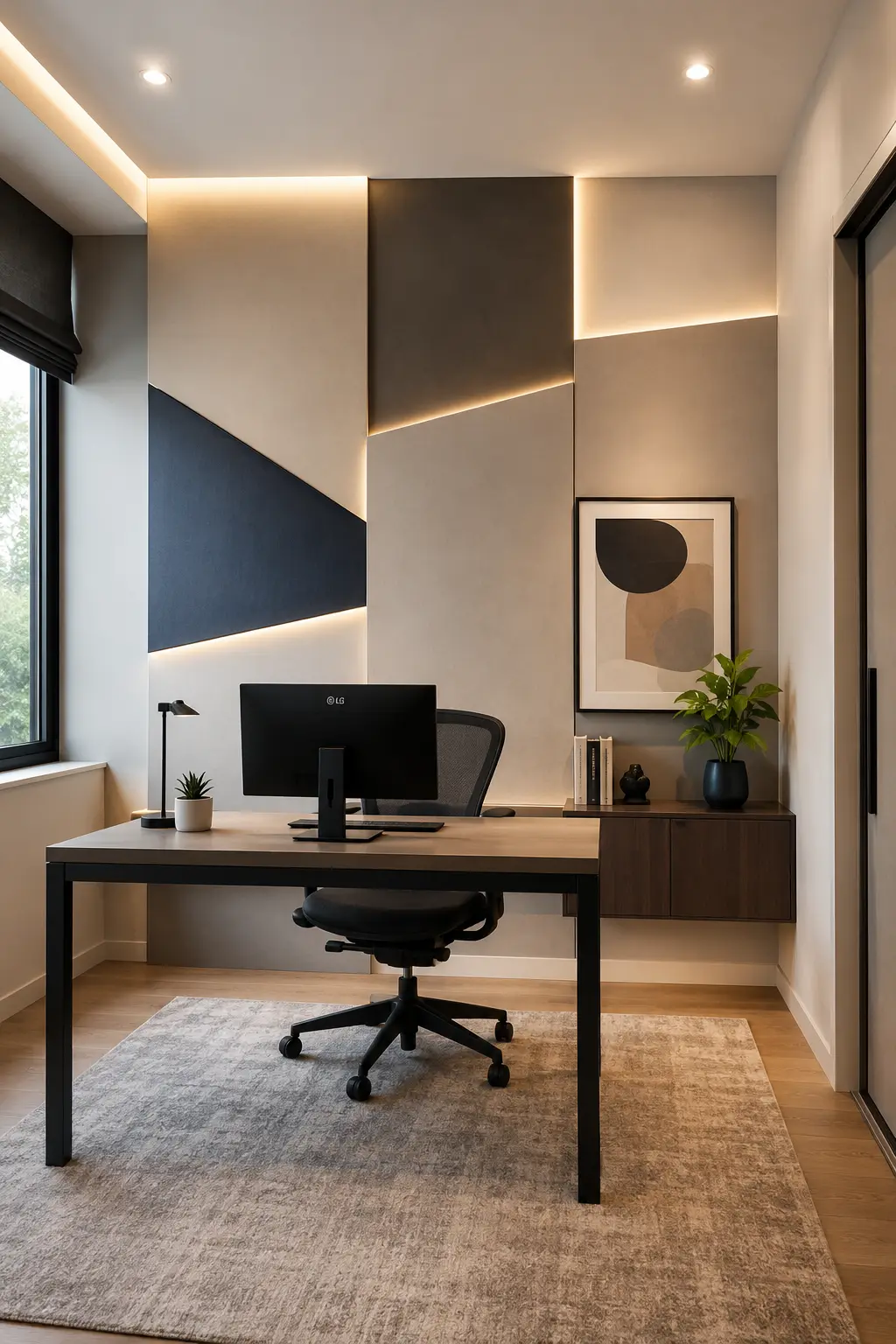 Modern small office featuring a dramatic geometric wall panel design made from large cream, taupe, charcoal, and muted navy architectural panels, with warm LED lighting glowing between selected sections, contemporary walnut desk, ergonomic black office chair, minimalist monitor, floating storage cabinet, abstract artwork, indoor plant, neutral rug, and sophisticated modern workspace decor.