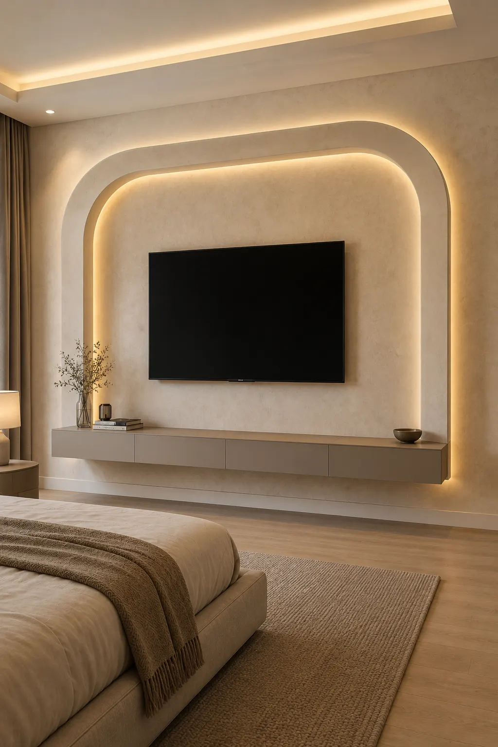 Luxury modern couples bedroom featuring a curved architectural TV wall with a broad rounded cream frame surrounding the black flat screen television, concealed warm LED lighting following the curved shape, minimalist floating beige console, soft plaster walls, neutral bedding, natural wood flooring, warm ambient lighting, and elegant contemporary decor.