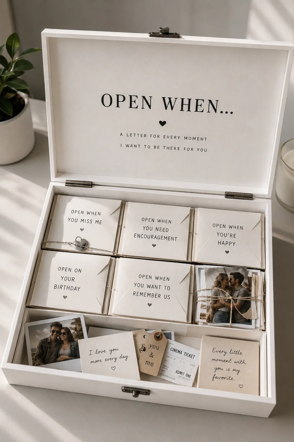 Modern white Open When memory box filled with labeled envelopes for missing someone, encouragement, happiness, birthdays, and special memories, along with handwritten letters, photographs, movie tickets, cards, and sentimental keepsakes
