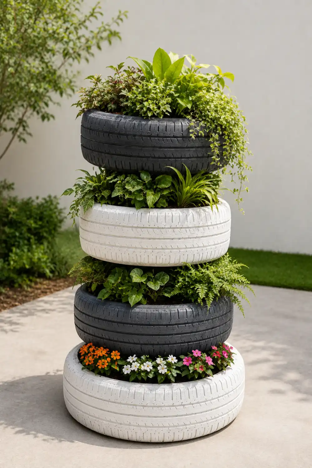 Four stacked recycled old tires painted in alternating black and white finishes and filled with colorful flowers, leafy plants, and trailing greenery creating a vertical garden feature