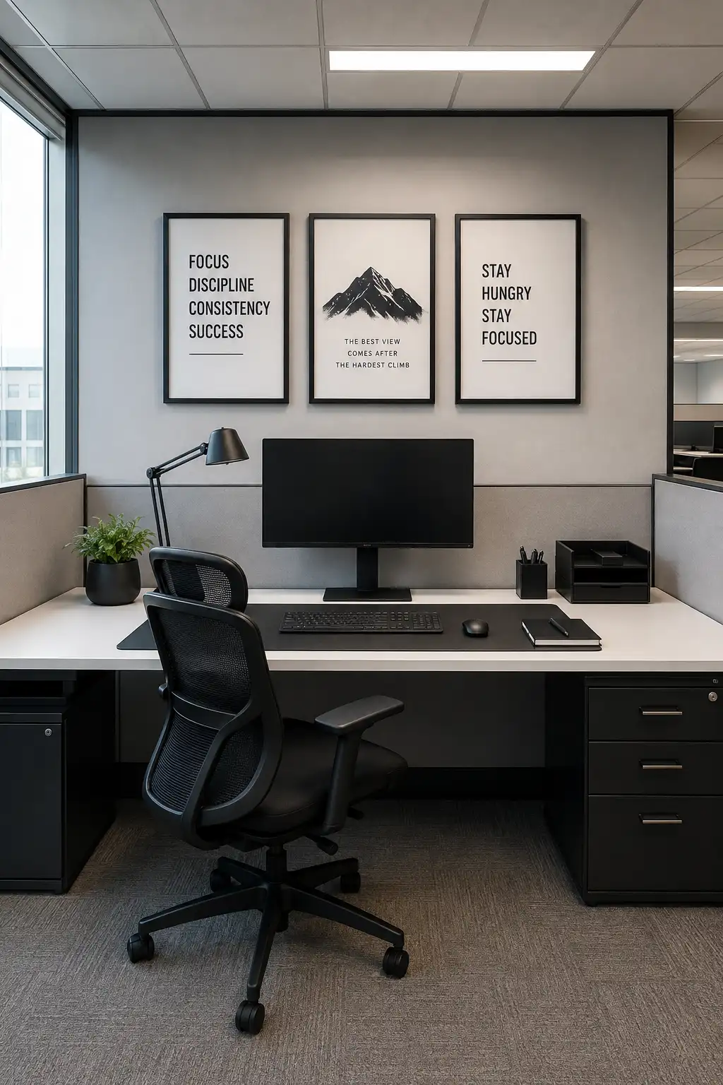 Modern office cubicle featuring a sophisticated muted green accent wall combined with a framed motivational typography print, dark green horizontal panel detail, matching notebook, storage accessories, and two small decorative plants. The full workspace includes a centered computer monitor, clean white desk, black ergonomic office chair, black desk mat, pen holder, document organizer, and green storage cabinet. The complete cubicle is captured from a straight-on architectural view with gray, white, black, and refined green tones creating a calm, fresh, stylish, and motivating work environment.