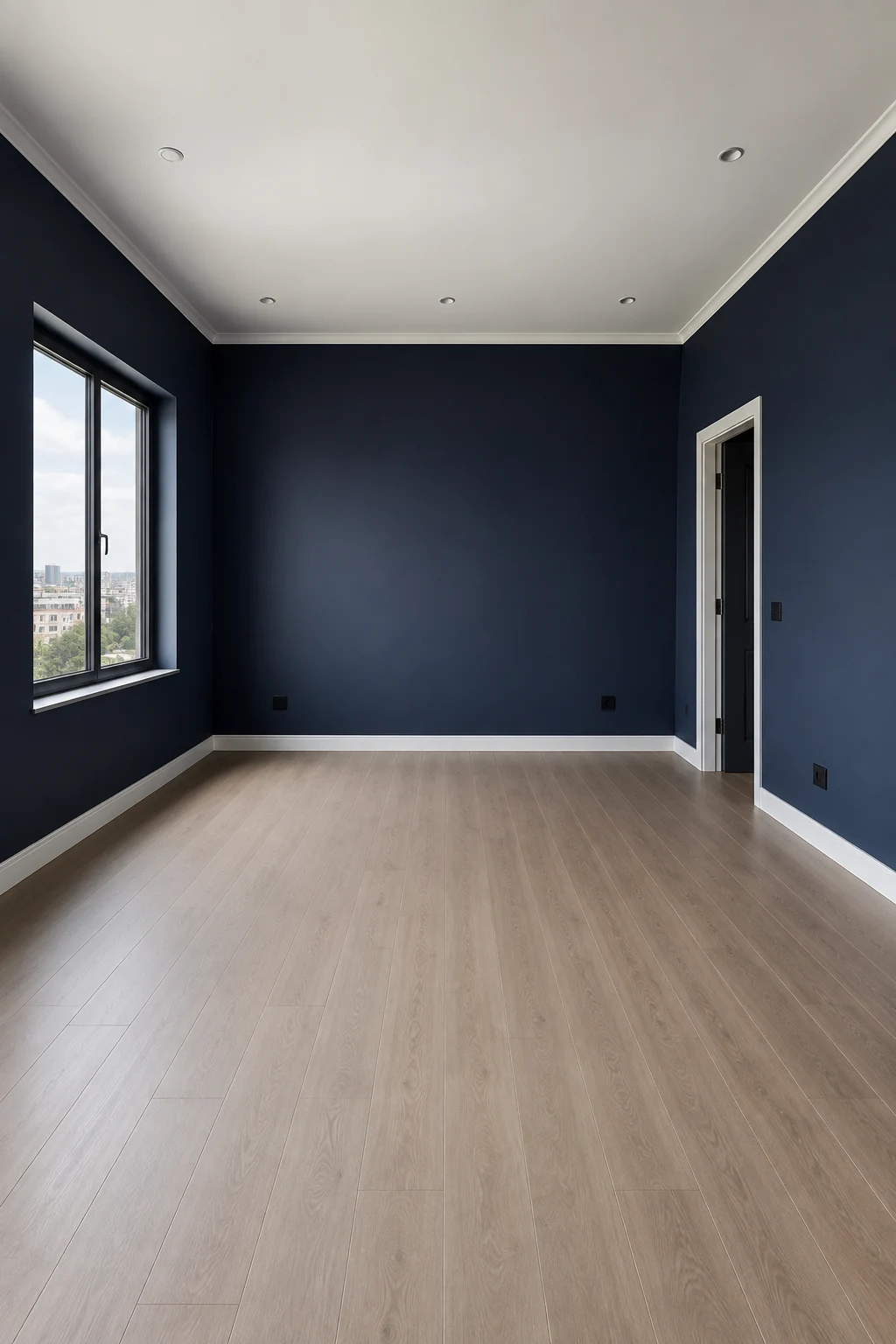 Empty sophisticated bedroom with all four walls painted in a dramatic midnight blue shade, featuring a bright white ceiling, light natural wood flooring, large side window, elegant doorway, crisp architectural trim, realistic matte paint texture, soft daylight, and a moody contemporary interior showcasing luxurious midnight blue bedroom walls.