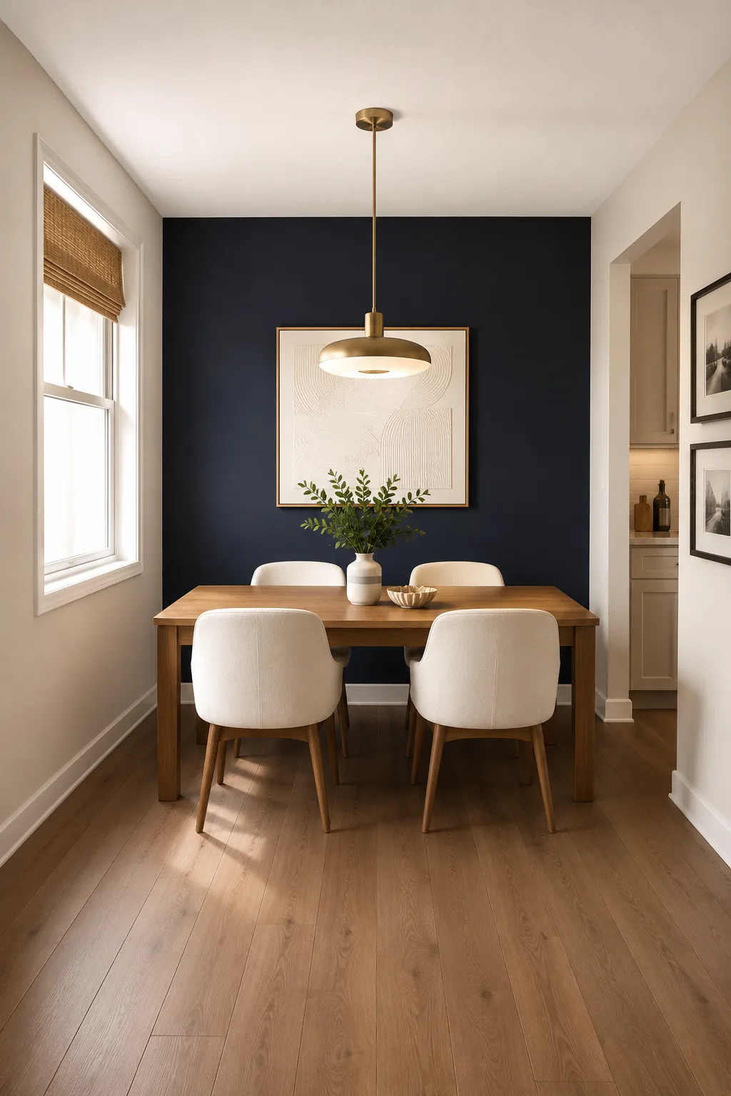 Narrow modern dining room featuring a warm wood rectangular dining table, four cream upholstered dining chairs, a deep navy blue accent wall, large minimalist framed artwork, elegant brass pendant light, tall side window with natural daylight, warm wood flooring, cream surrounding walls, simple table centerpiece, and sophisticated contemporary décor designed to maximize a compact dining space.