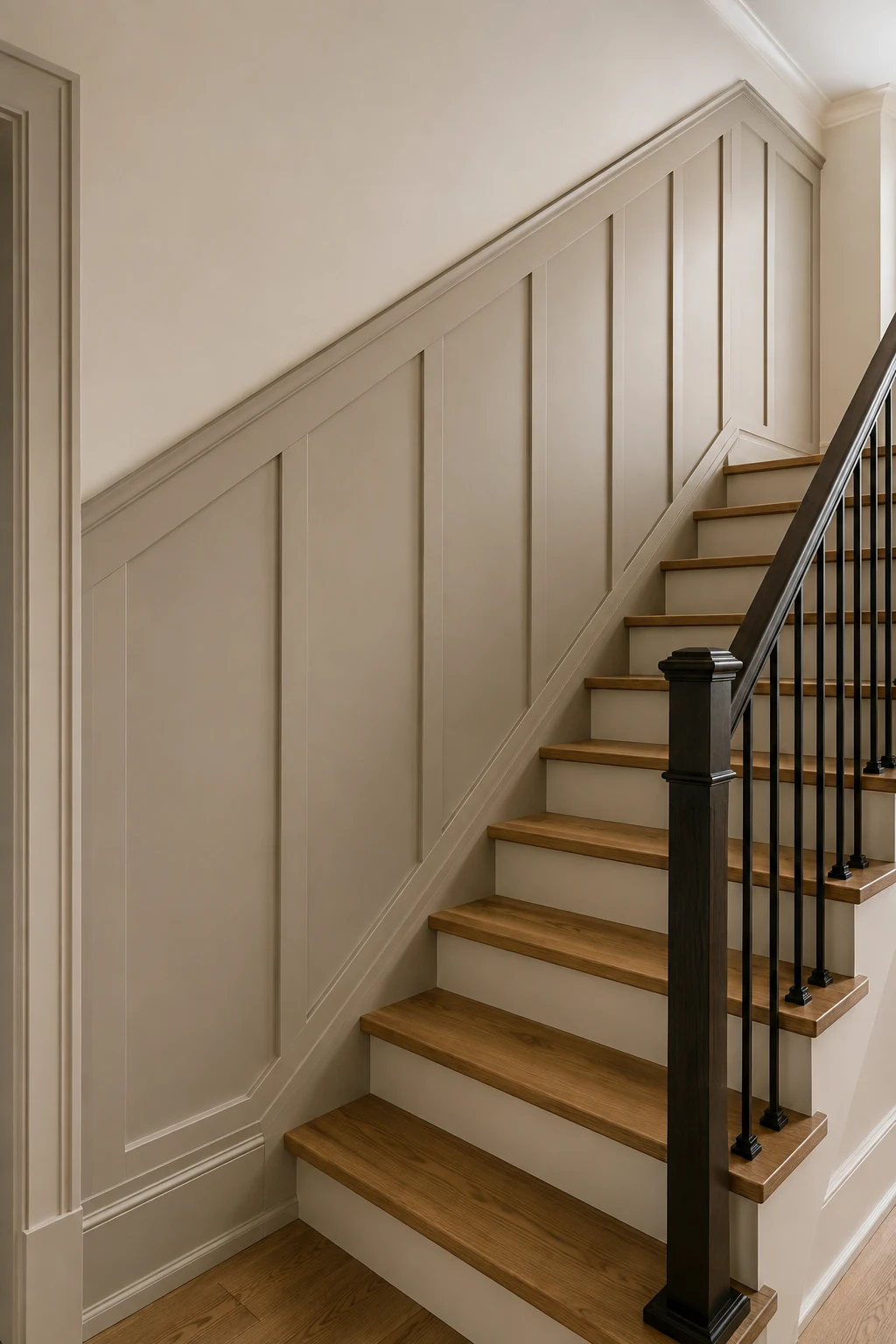 Angled board and batten staircase paneling featuring wide vertical battens in a warm cream finish, a custom top rail following the exact staircase incline, natural wood treads, white risers, and a bold black newel post with slim metal balusters.
