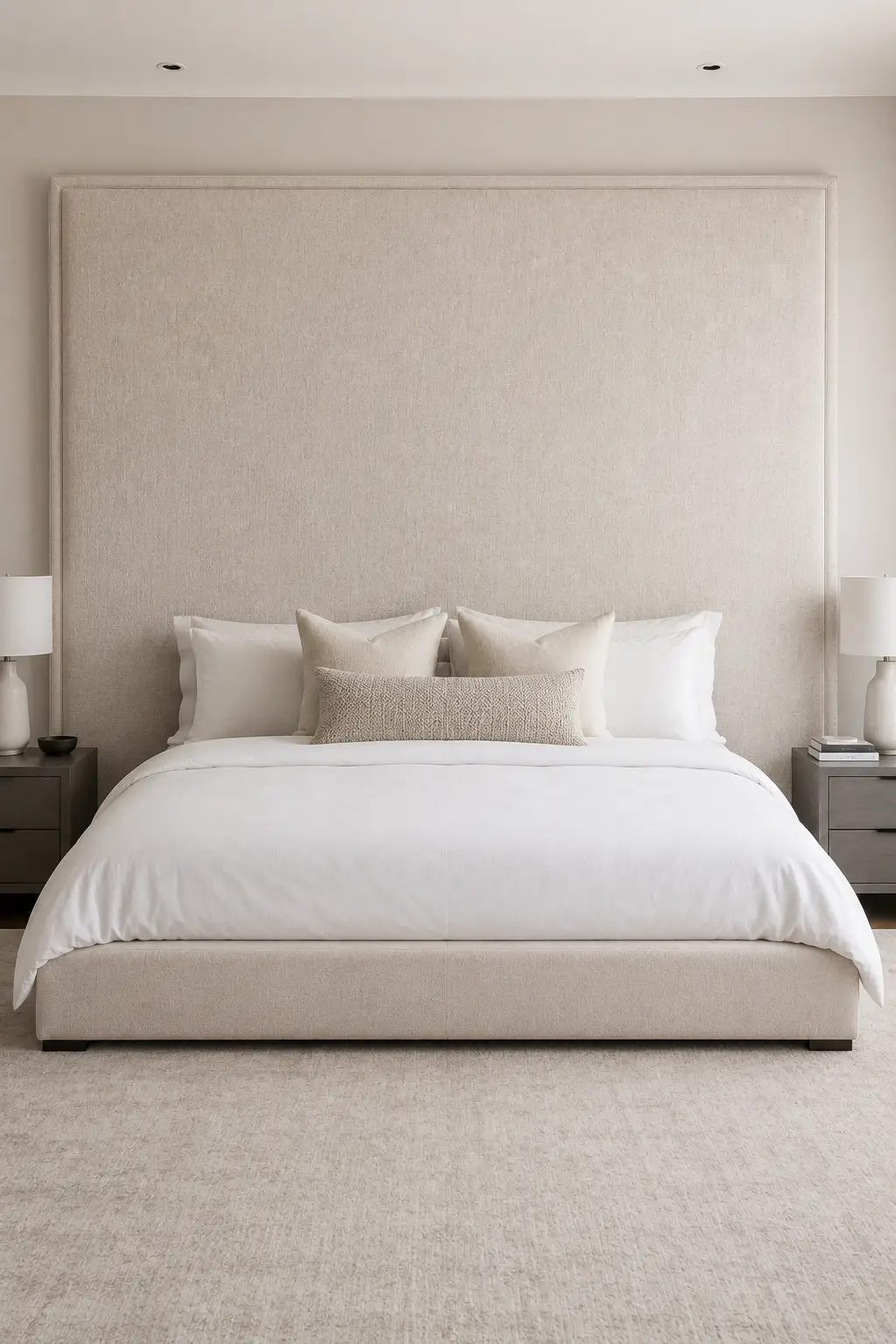 Oversized DIY fabric headboard covering a wide section of a contemporary bedroom wall, featuring a large rectangular upholstered panel wrapped in soft warm cream and light greige textured fabric. The headboard extends considerably wider than the mattress and rises almost to the ceiling, creating a clean custom-built appearance with a subtle raised outer border. The centered bed features a matching beige upholstered frame, crisp white duvet, layered cream and white pillows, a textured neutral lumbar cushion, dark minimalist nightstands, simple white bedside lamps, and a soft neutral carpet. The large fabric surface has realistic woven texture and subtle upholstery details, photographed straight on with the complete headboard visible from edge to edge.