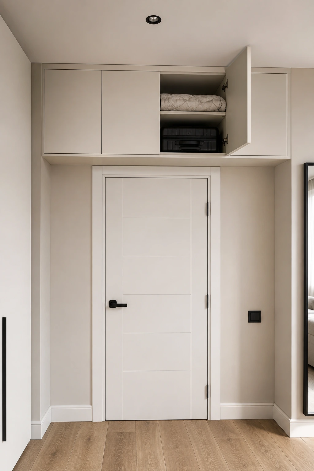 Contemporary bedroom doorway featuring a full-width shallow storage cabinet installed directly above the door frame. One cabinet section is open and contains a suitcase, folded bedding, and organized storage boxes, demonstrating a realistic way to use overlooked vertical wall space for hidden storage in a small bedroom.